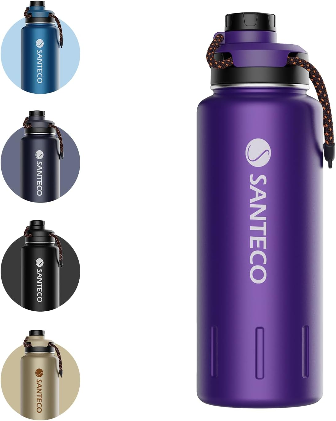 Santeco Insulated Water Bottles 24 Oz, Stainless Steel Flask with Lanyard & Wide Mouth Spout Lid, Leak Proof Double Wall Vacuum Drink Bottle, Keep Drinks Hot & Cold for Hiking Camping - Purple