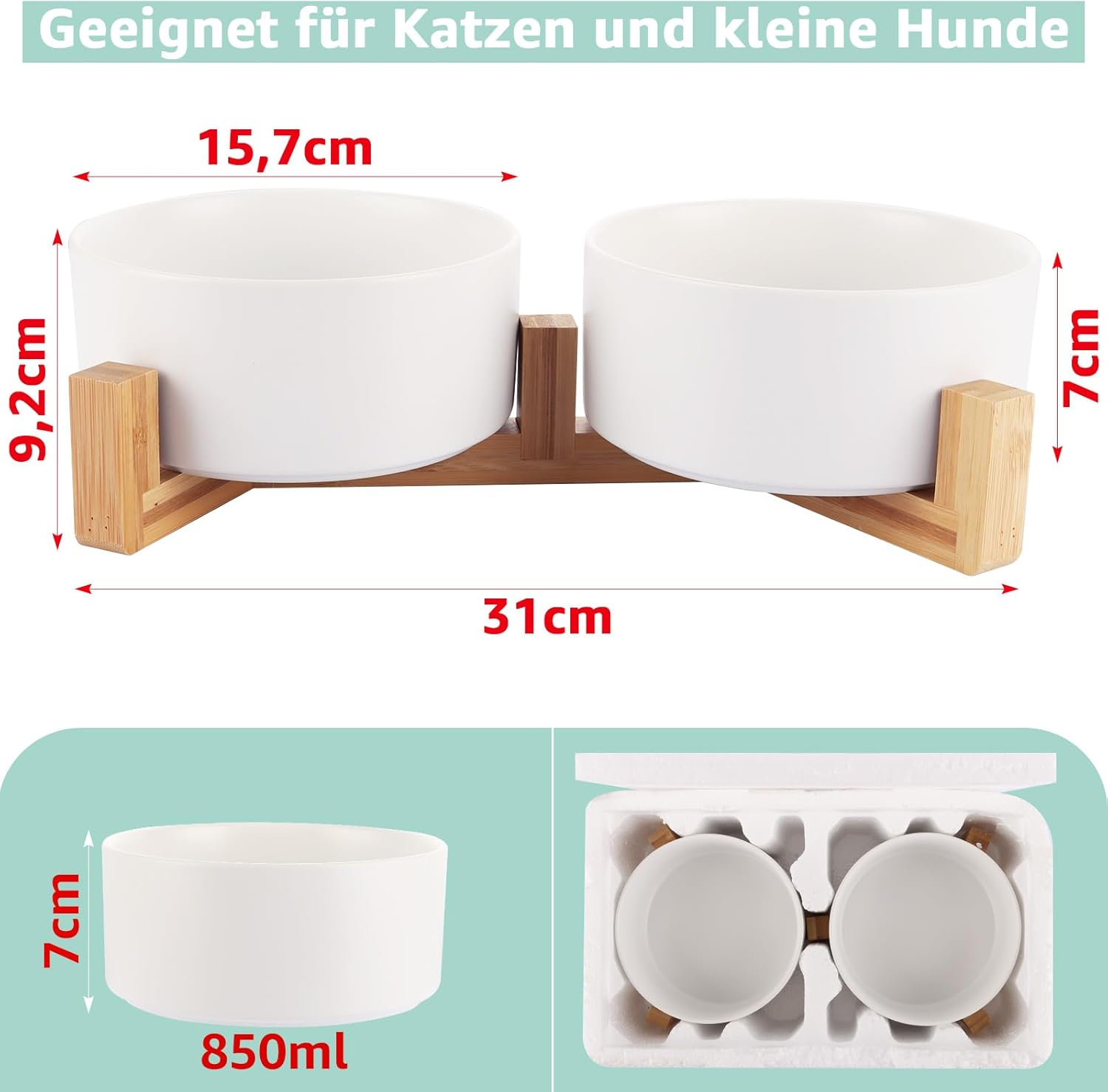 Pack of 2 Dog Bowls 850 Ml Cat Bowl with Bamboo Base Feeding Bowl for Dogs and Cats Dog Bowl Small Dogs White Dog Bowl Ceramic image number 4