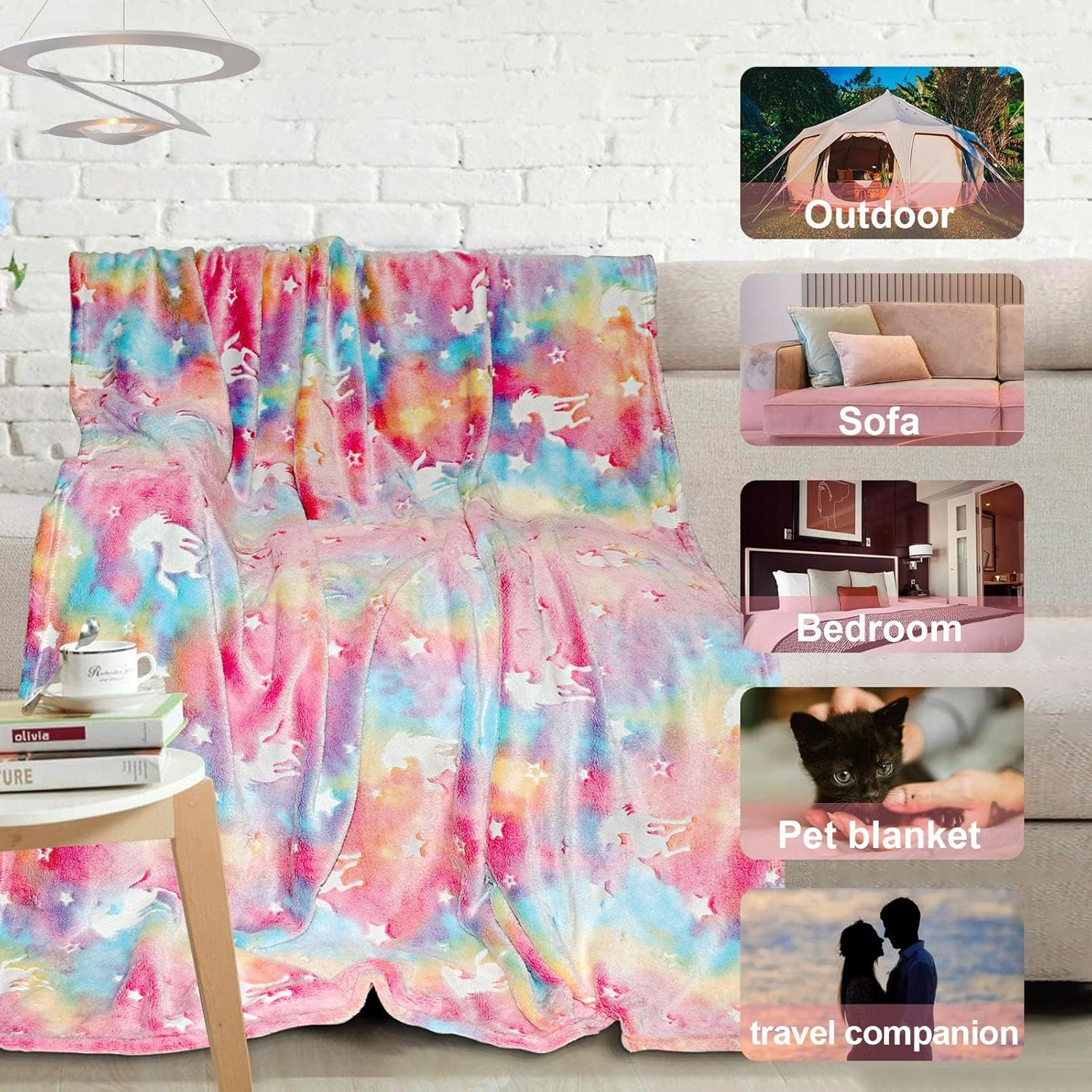 Unicorn Glow in the Dark Blanket, Flannel Cozy Glowing Blanket Throw Blanket for Couch, Personalized Blanket Soft Blanket Fluffy Rainbow Blanket for Girls Children Toddlers Travel Car, 40"X60"(Pink) image number 2
