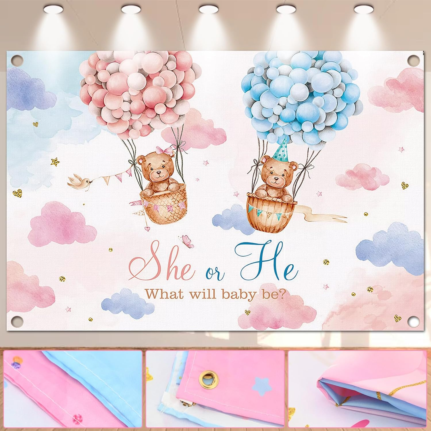 Pink and Blue Gender Reveal Backdrop She or He Background Banner Gender Reveal Party Decoration Lovely Balloon Cloud Bear Pregnancy Announcement Backdrop for Baby Shower Decoration 180 * 120Cm (A) image number 2