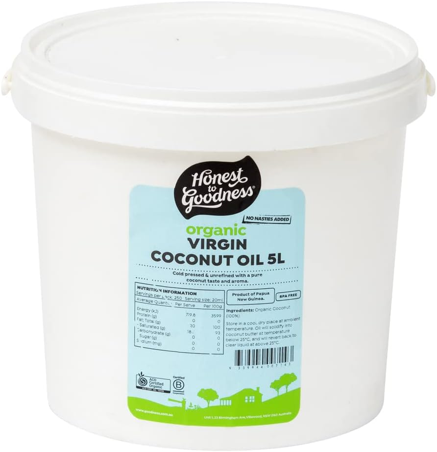 Honest to Goodness Organic Coconut Oil Virgin, 5 L - Pure Organic Coconut Coconut Flesh That Has Been Cold-Pressed to Create a Raw, Full-Flavoured Oil. image number 1