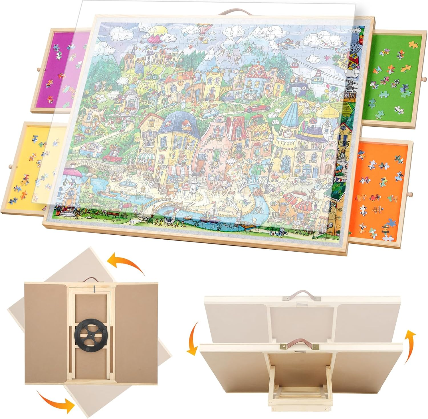90X69Cm Rotating Jigsaw Puzzle Board with 6 Drawers & Lazy Susan - Premium Wooden Puzzle Table for Adults, Spinning Puzzle Board with Dustproof Clear Cover, Birthdays/Christmas (89X69Cm image number 6