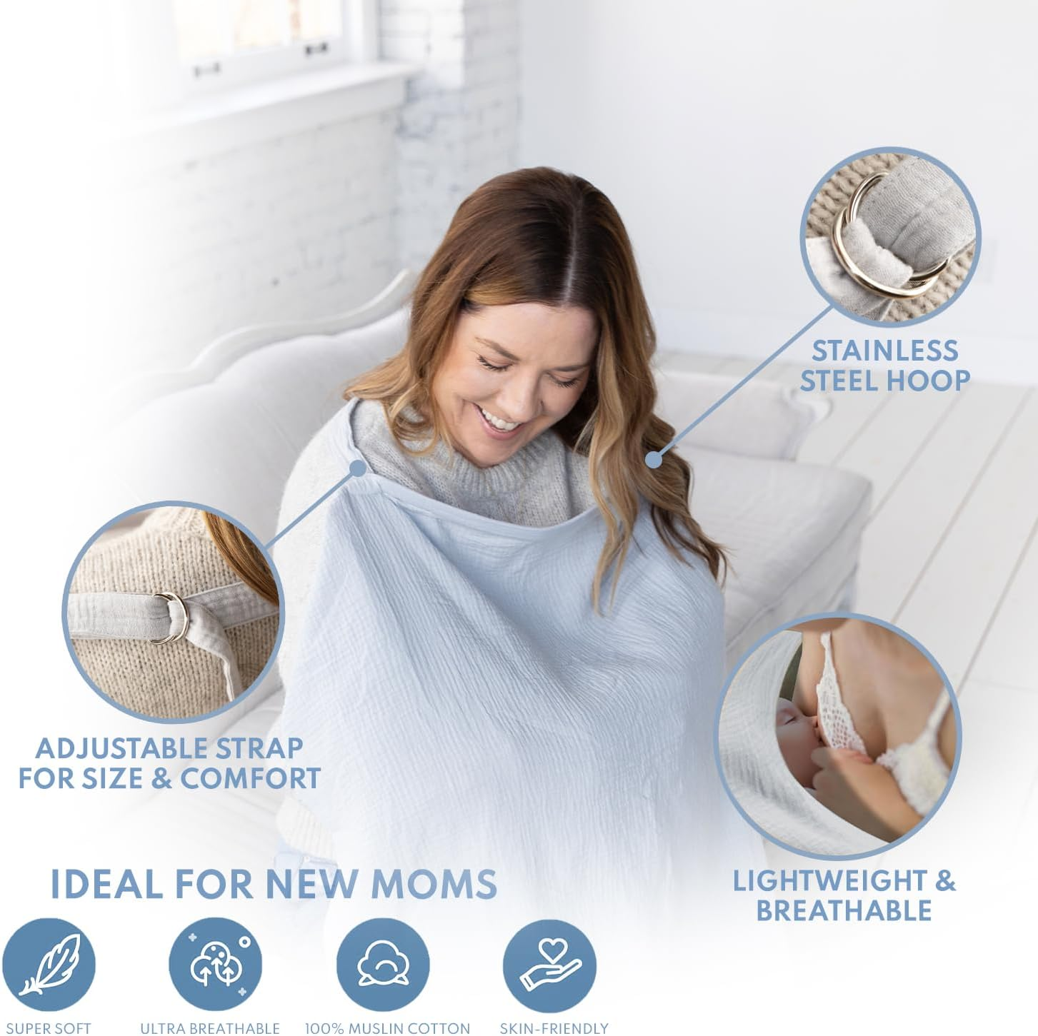 ACTIVE BABY Nursing Cover for Breastfeeding Mom with Adjustable Hoop for Hand Free Breathable Nursing Cover up | 100% Muslin Cotton Light Weight Breastfeeding Cover Wrap Shawl Scarf (Evaporation Gray) image number 2