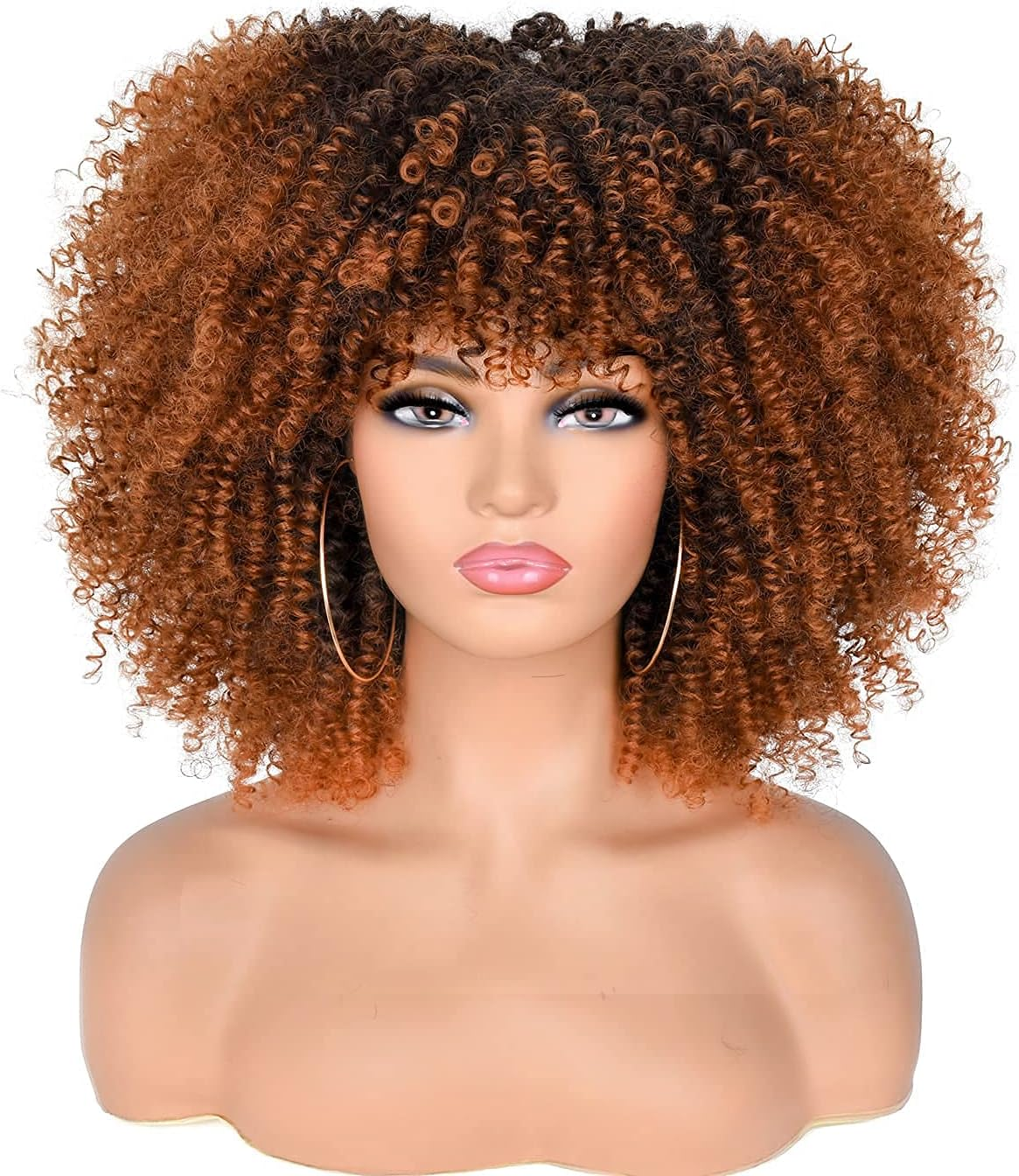 36Cm Afro Kinky Curly Wig with Bangs for Black Women Ombre Brown1B/30 No Glue Full and Fluffy like a Bomb Short Curly Hair Wigs