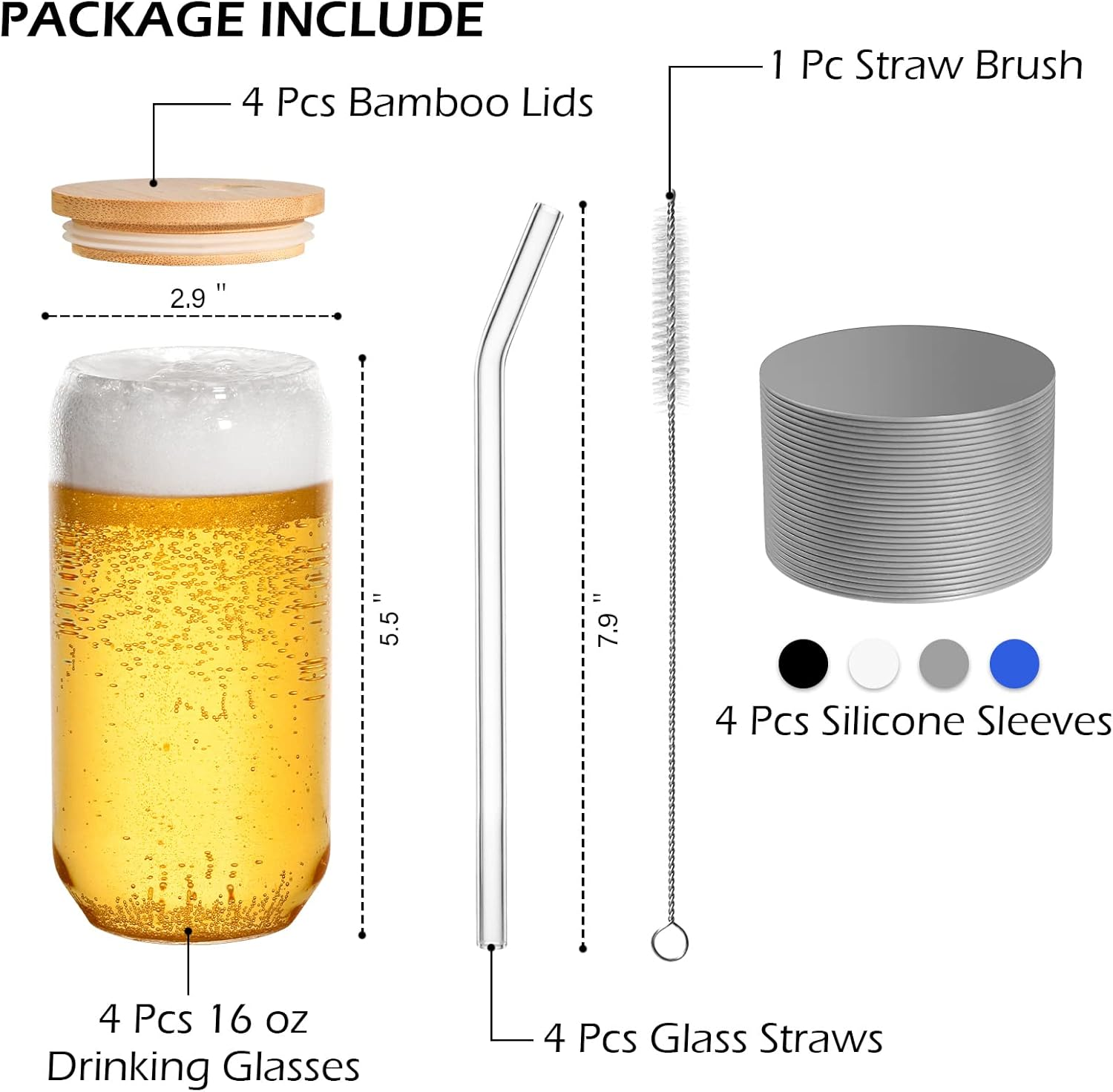 Drinking Glass Set of 4, 500Ml Can Shaped Glasses Cups, Iced Coffee Glasses, Beer Tumbler, for Whiskey, Soda, Tea, Juice, Gift, with Lid, Straw and Sleeve - Set Of 1 image number 5