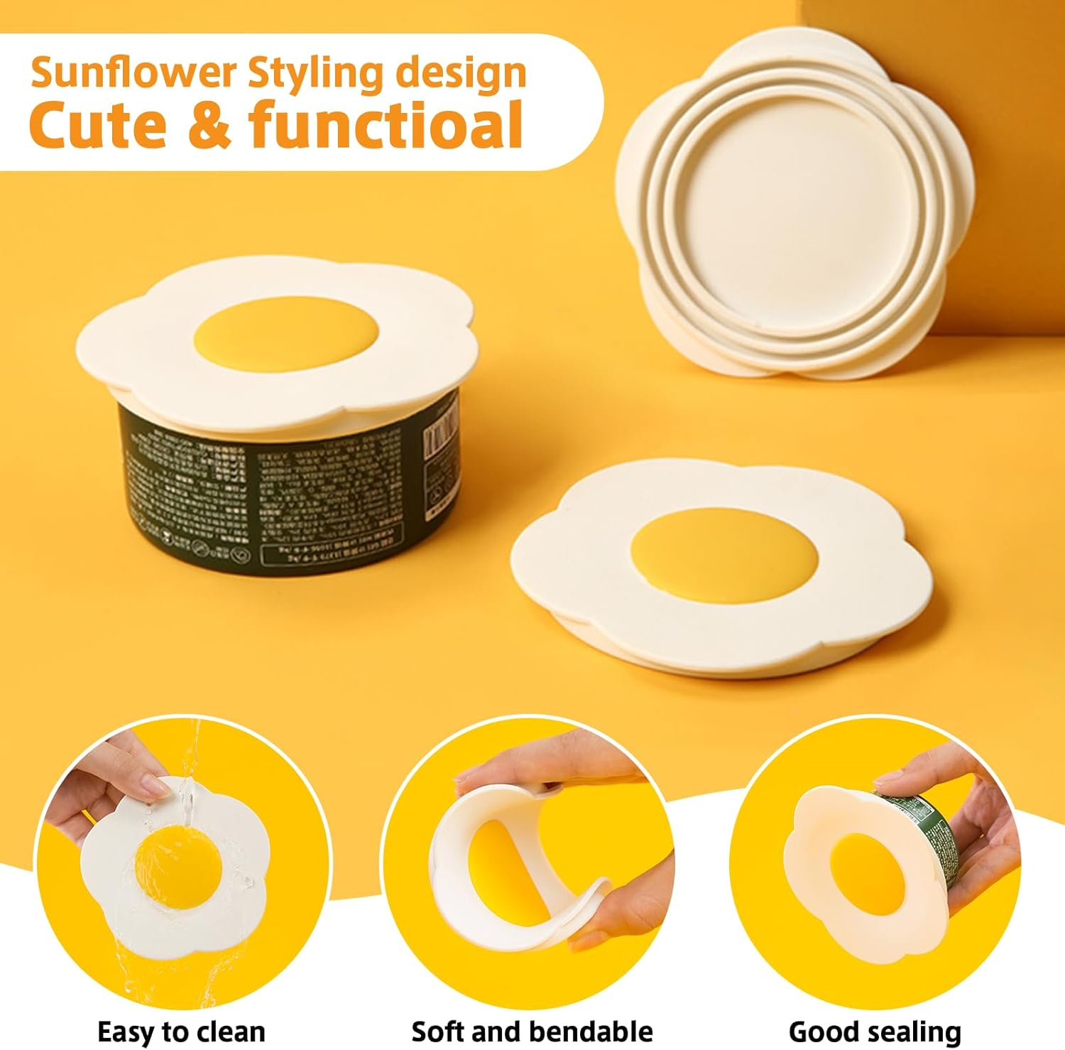 Pet Food Can Lids, Universal Size Can Covers for Dog and Cat Cans, Silicone Cat Food Top with Sunflower Shape One Fit 3 Standard, Multifunctional Pet Can Opener Can Spoons (2 Pieces)