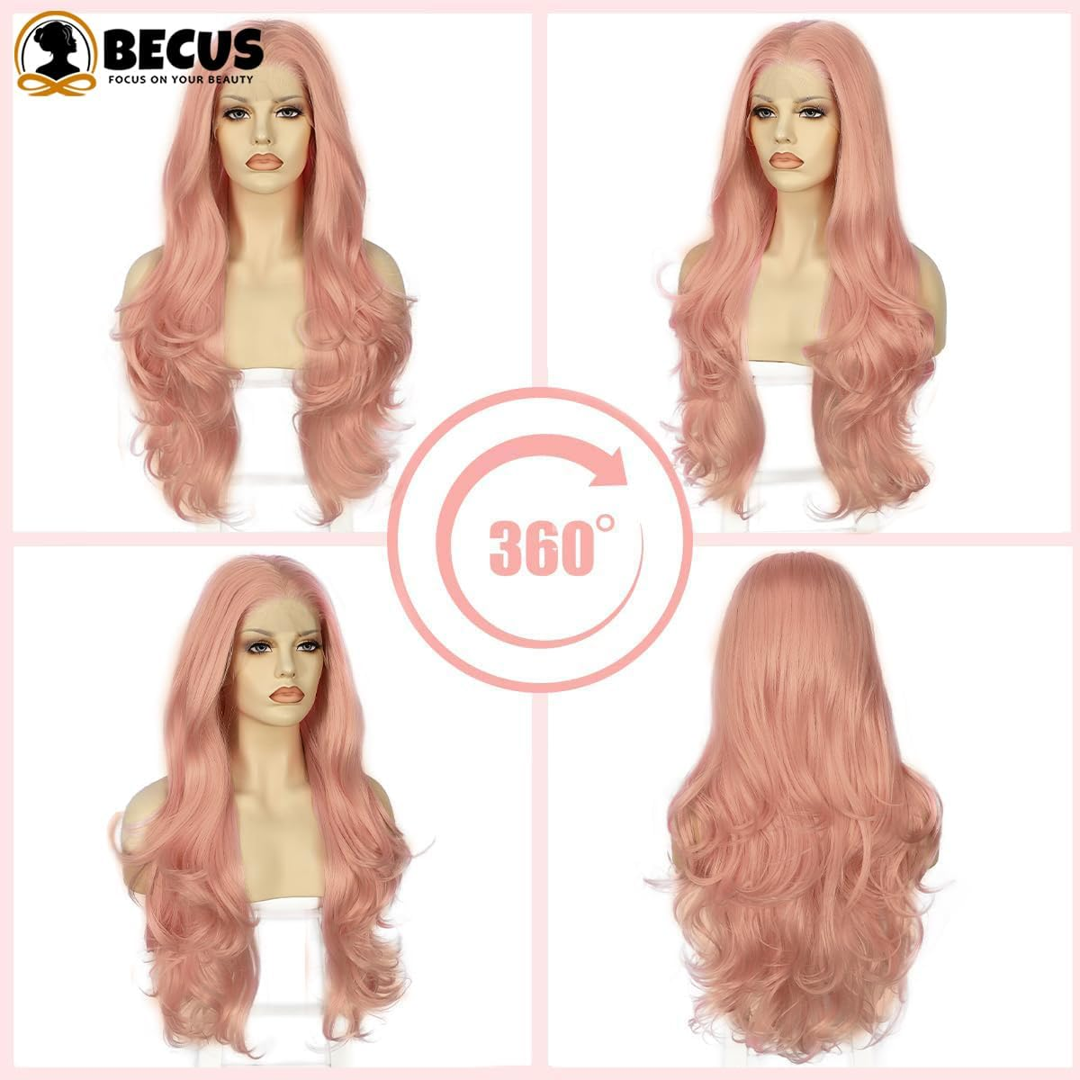 BECUS Pink Lace Front Wig Pre Plucked 13X3 Body Wave Wigs for Women Loose Curly Synthetic Lace Front Wig Wave Natural Hairline - Black image number 3