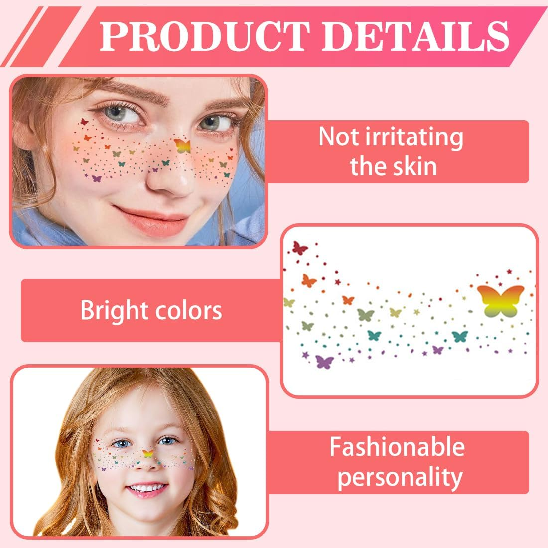 GXGM Pack of 6 Freckles Temporary Tattoos Butterfly Stickers, Rainbow Face Freckle Patch, Suitable for Rainbow Festival, Halloween, Decorative Gifts image number 1