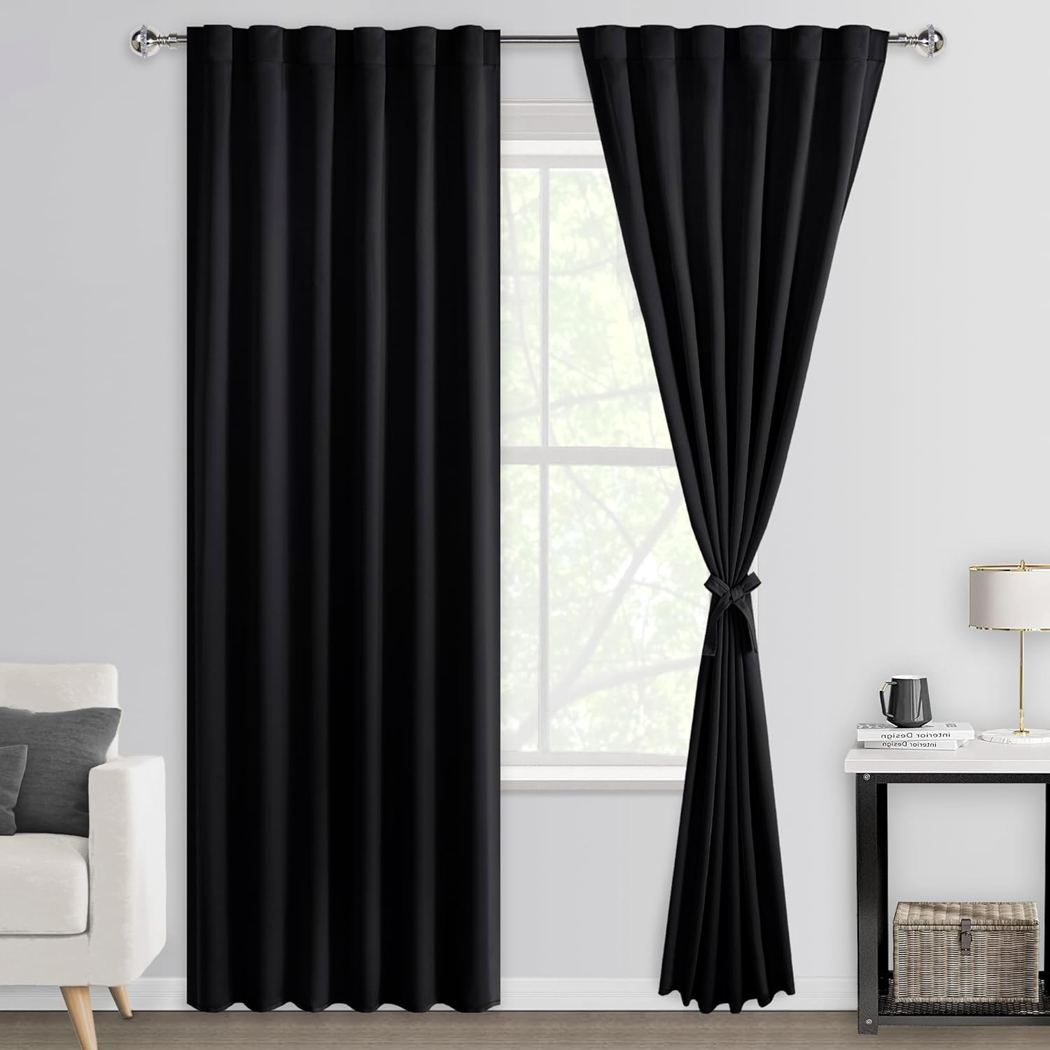 DWCN Blackout Curtains Back Tab and Rod Pocket Sewn with Tiebacks - Thermal Curtains Insulated Room Darkening for Bedroom,Each W132 Cm X D214Cm, Set of 2 Panels,Black image number 6