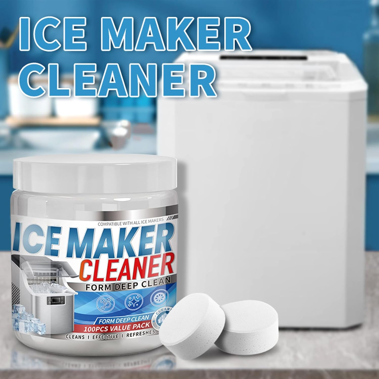 Active Ice Machine Cleaner Tablets,100-Piece Active Scale Remover,Countertop Ice Maker Descaler Tablets | for Kitchen Appliance Coffee Maker Cooler Refrigerator Restoration image number 2