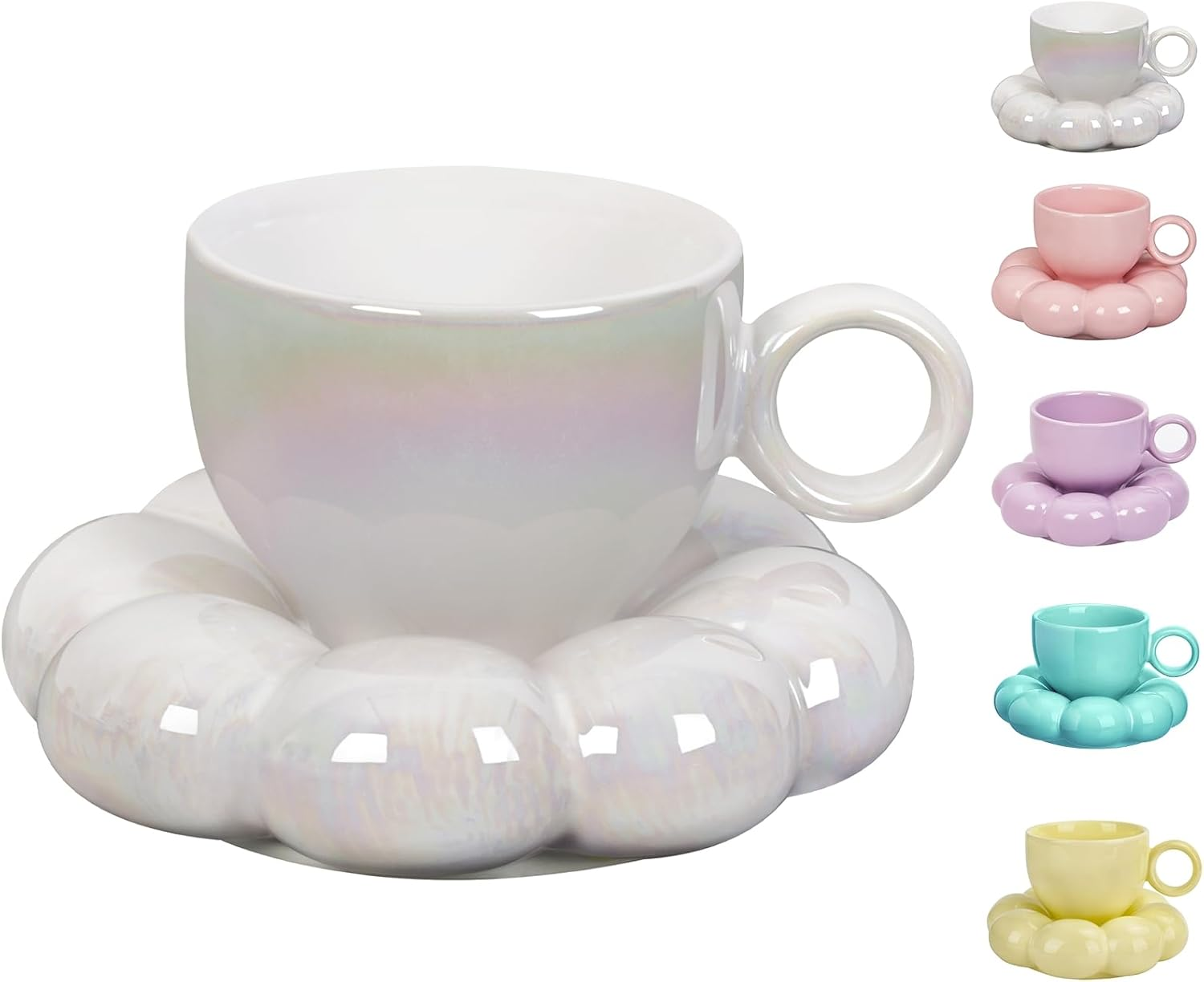 ARISKEY Cute Coffee Mug for Women,Tea Cup and Saucer Set with Spoon,6.5Oz/200Ml for Latte and Milk, a Warm Choice for Mother'S Love,Pearl White