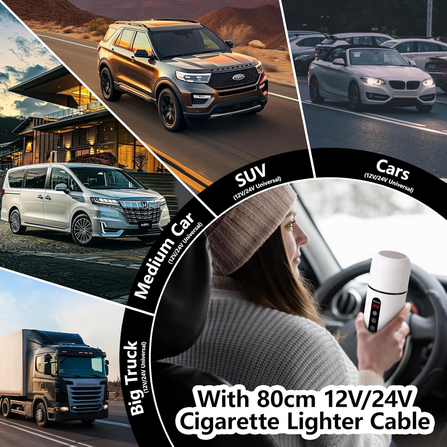 Car Kettle, Portable Electric Travel Kettle, 12V/24V Car Coffee Warmer, 420ML Hot Water Boiler, Small Hot Water Heater, with Built-In Magnetic Induction Stirring for Tea Coffee Milk (White) image number 4