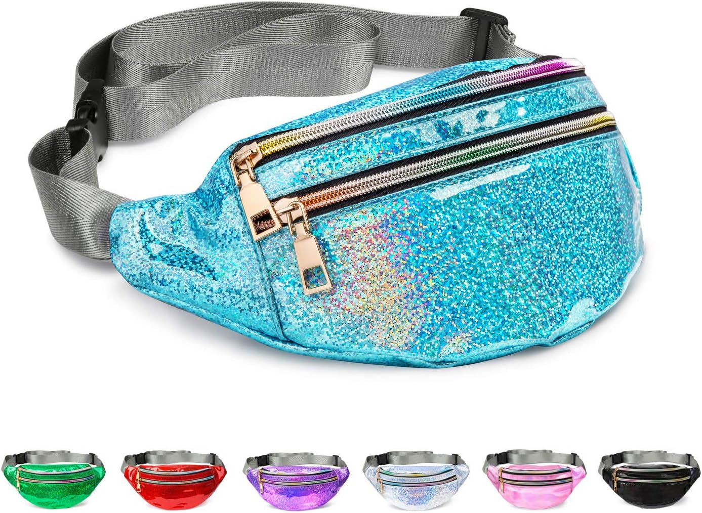 Fanny Pack Belt, Holographic Fanny Packs for Women, Men & Kids - Fashion Waterproof Waist Pack with 3 Pouches & Adjustable Strap - Shiny Causal Bags - Cute Bum Bag - Hip Sacks for Travel