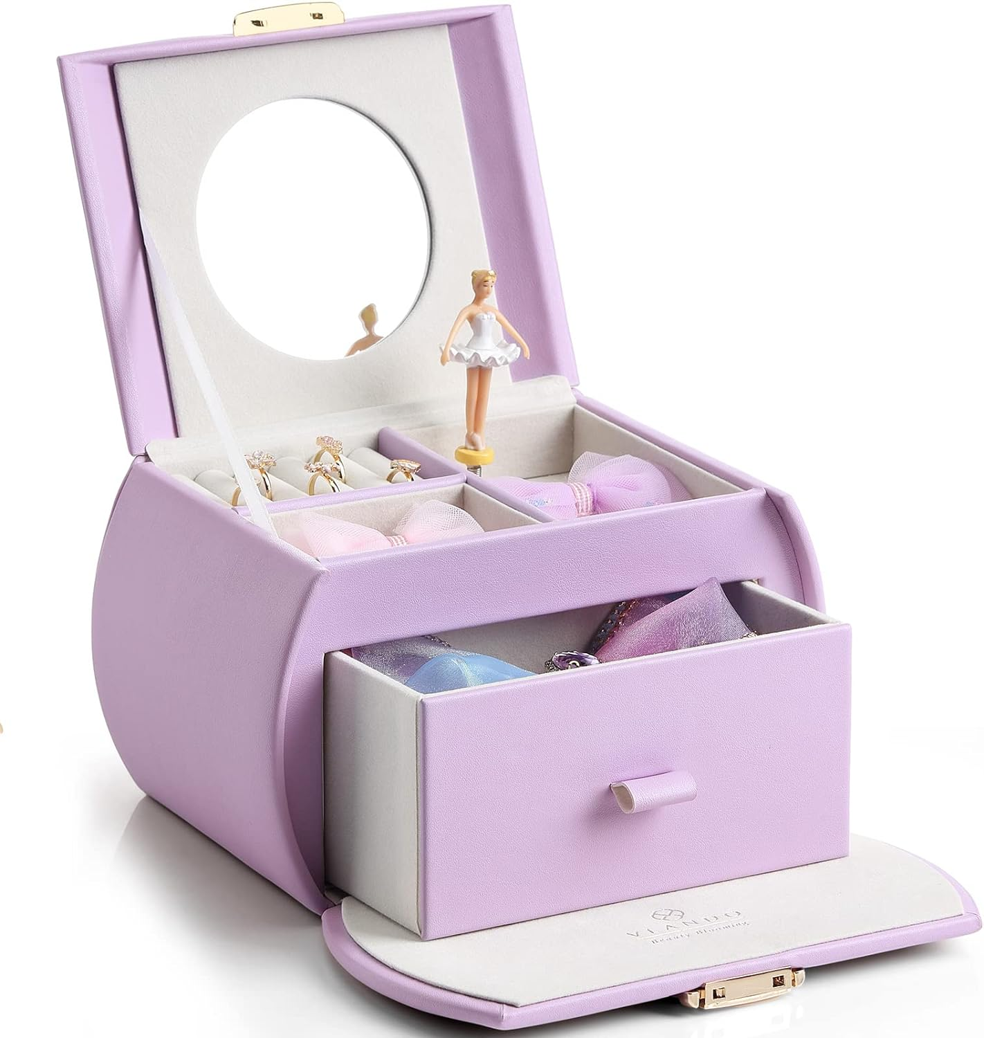 Vlando Musical Jewelry Box for Girls Kids with Drawer, Music Box with Ballerina and Stickers for Birthday Bedroom Decor, Blue