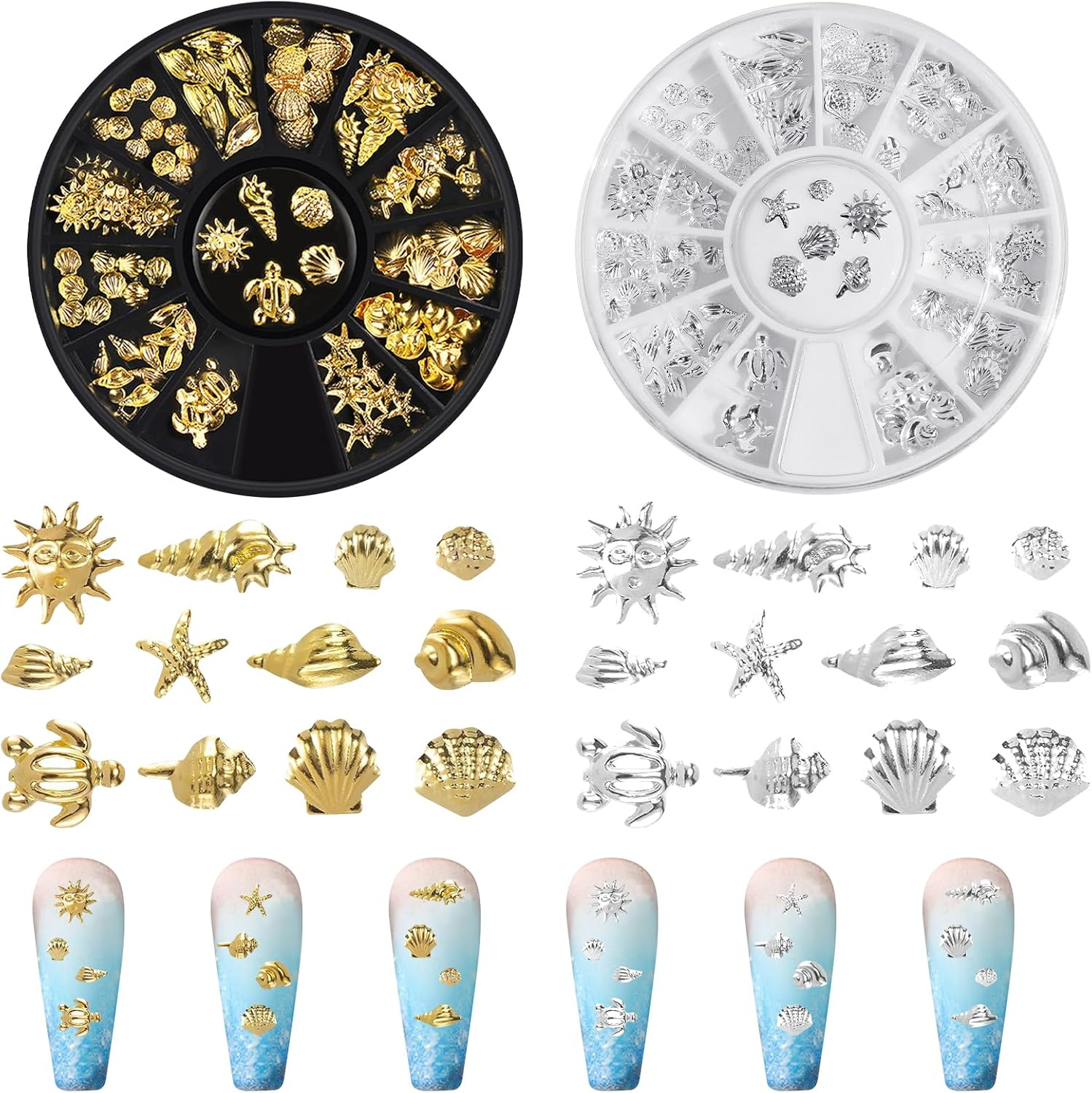 2 Boxes 3D Nail Charms, Ocean Nail Gems for Nail Art with Storage Box, Metal Star Starfish Shell 12 Grid Mixed Sizes Nail Art Decor Summer Beach Fingernail Decorations for Women Girls image number 2
