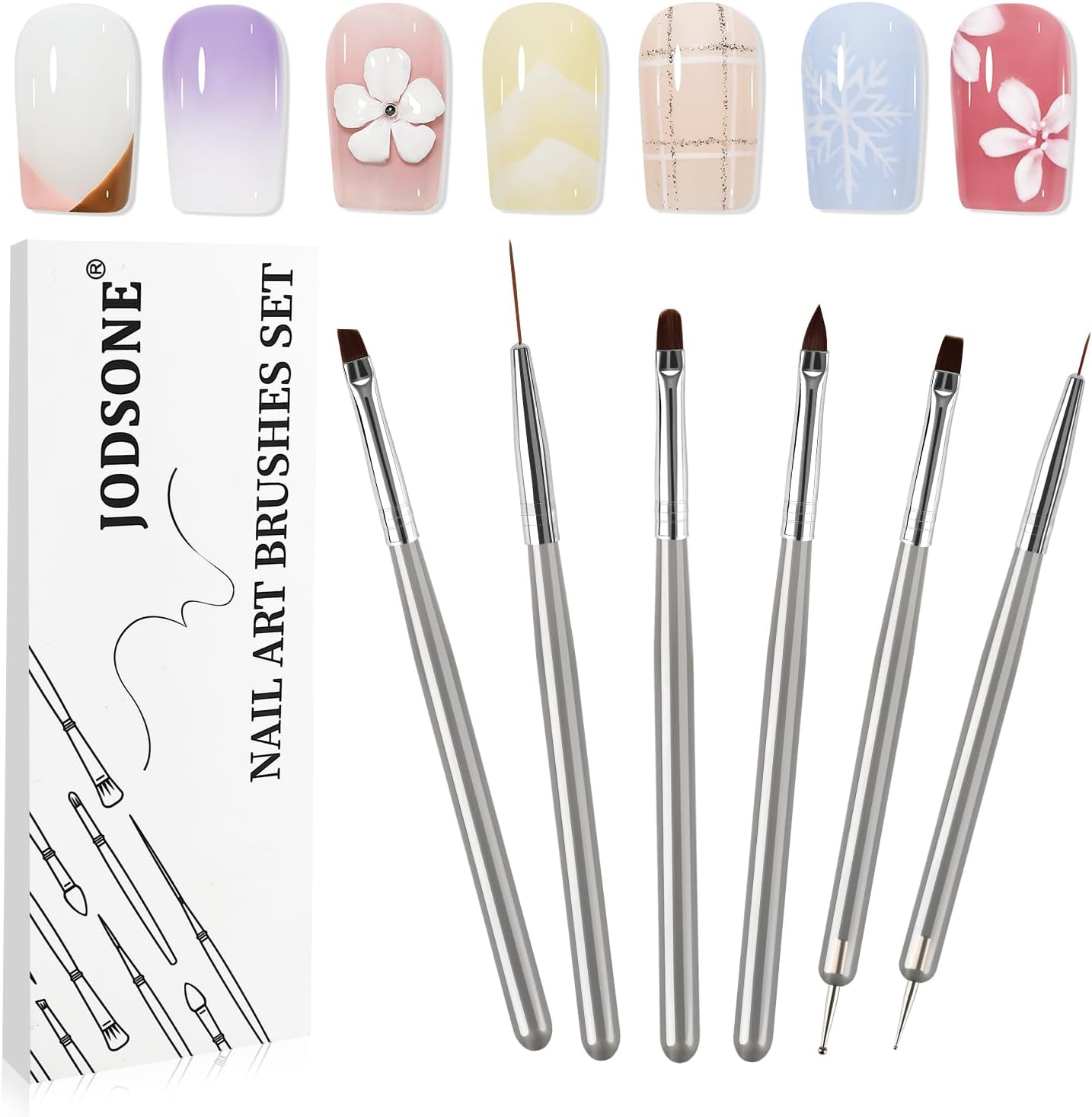 JODSONE 6Packs Nail Art Brushes, Nail Art Tool Set, Dotting Tools, Dust Brush,Striping Brushes for Long Lines, Drawing Pen for Gel Polish Design Supply,Diy Manicure Tools Gift for Women