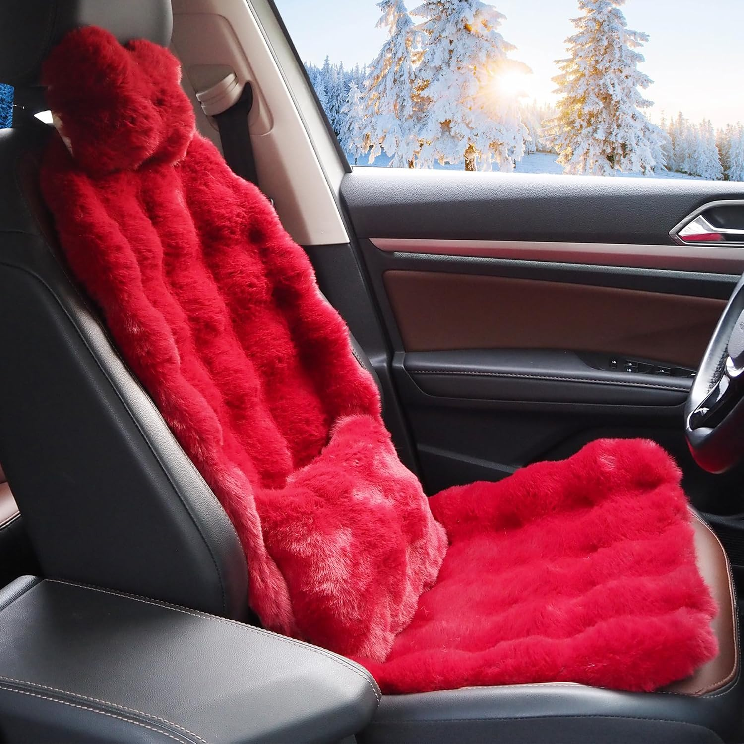 Fluffy Car Seat Covers, Front Seat Full Set Fuzzy Cushions, Soft Lumbar Support Cushion & Headrest Pillow for Pain Relief, Universal Fit Car Seat Cushion Seats Protector for Fatigue Relief (Wine Red) - Black image number 2