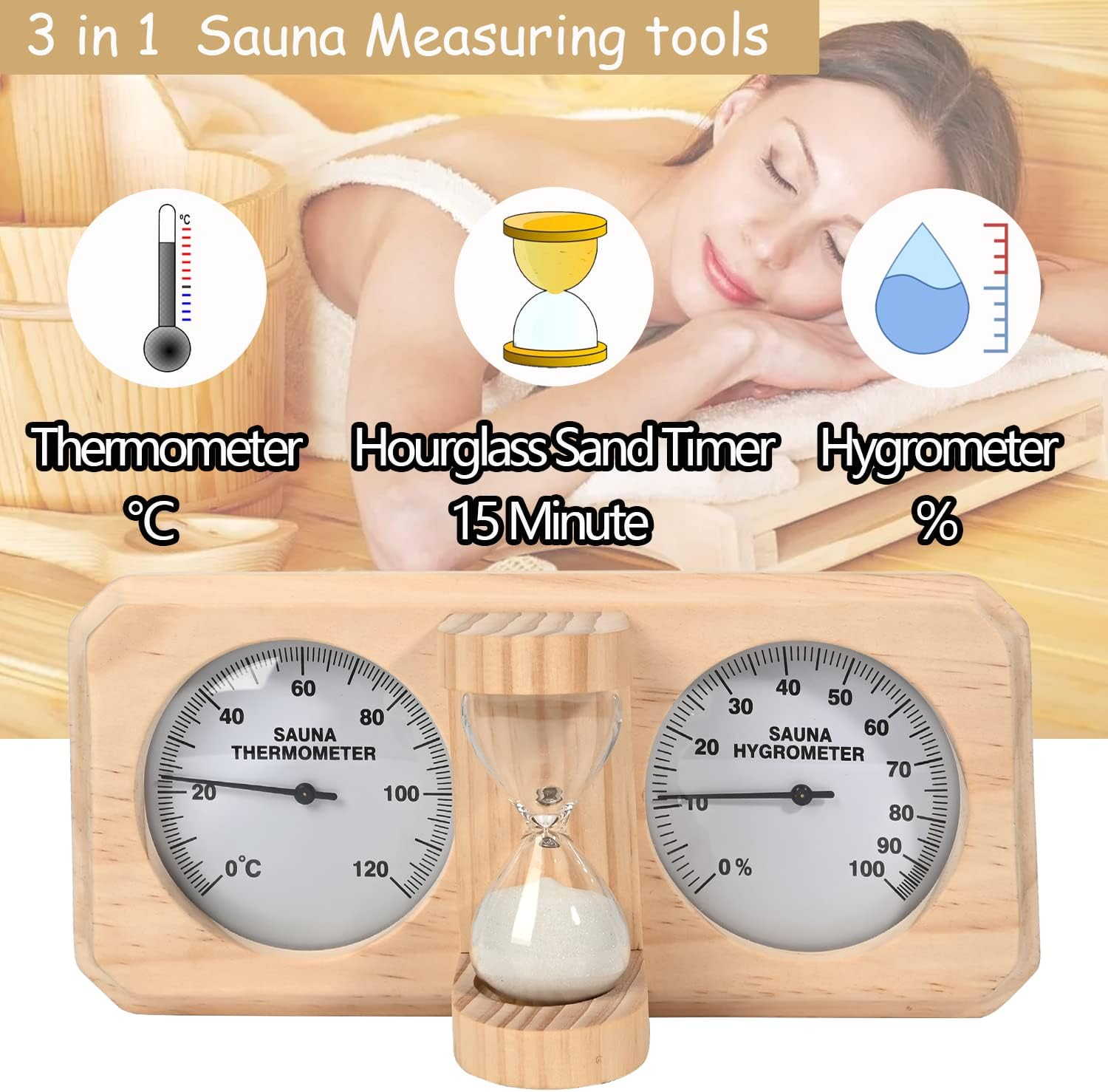 Ikare Sauna Thermometer and Hygrometer - 3 in 1 Wooden Sauna 15 Minute Hourglass Sand Timer, Wall-Mounted Sauna Room Accessories image number 4
