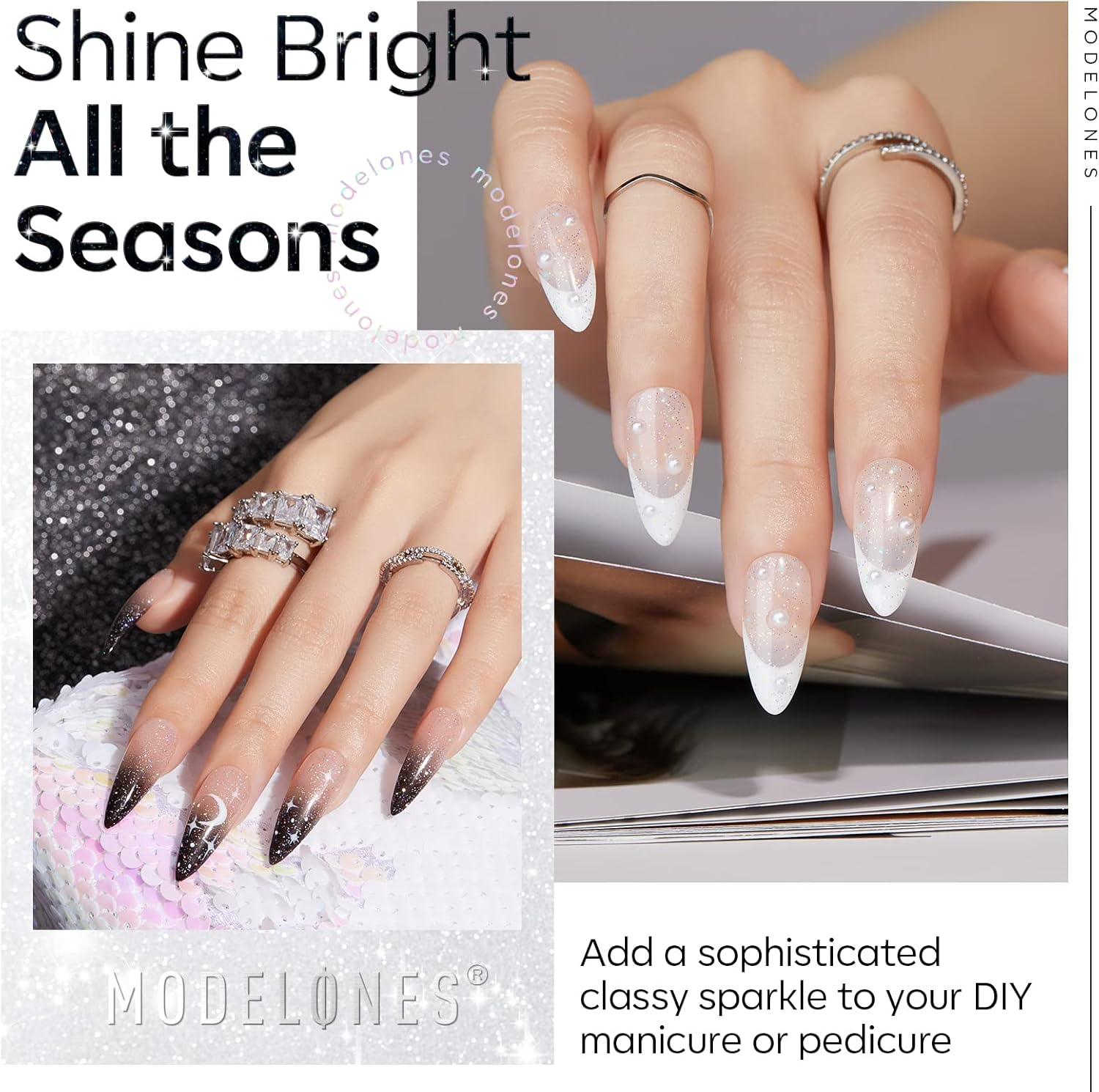 Modelones Glitter Gel Top Coat, Iridescent Silver Mix Glitter Gel Polish No Wipe Top Coat Glossy Sparkly Finish Long Lasting Soak off Rainbow Shimmer Glitter Gel Nail Polish Nail Art Manicure, 10Ml image number 2