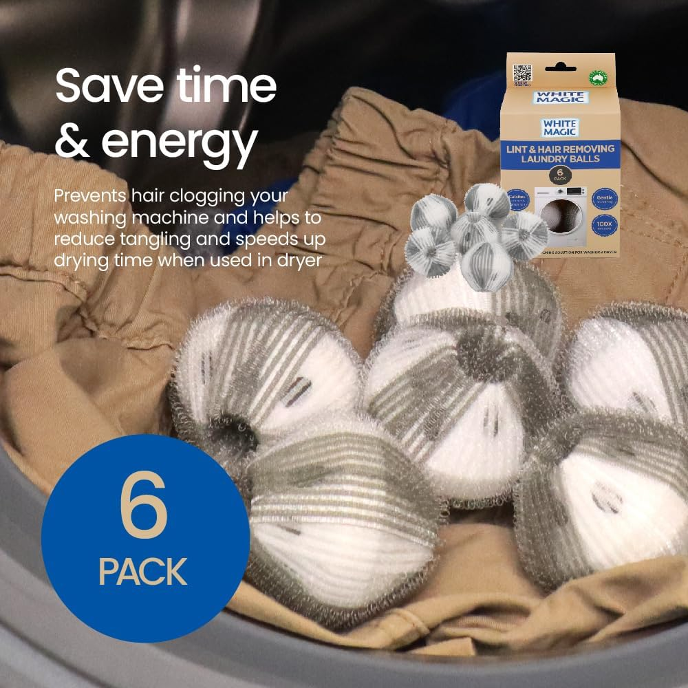 White Magic Lint & Hair Removing Laundry Balls - 6 Pack, Reusable, Washing & Drying Safe, Removes Pet Hair & Lint, Gentle on Clothes, Prevent Hair Clogging, Reduces Drying Time image number 2