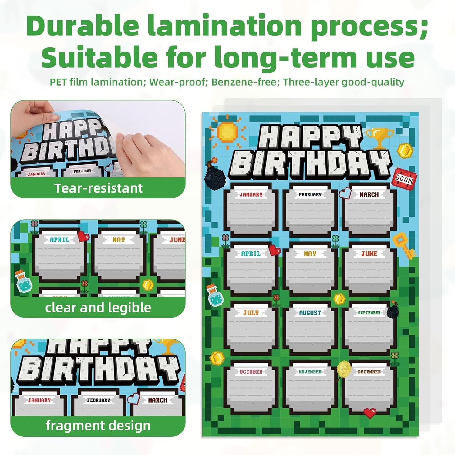 SAVITA 4Pcs Happy Birthday Calendar Chart, Reusable Birthday Calendar Poster Classroom Bulletin Board Decor for Back to School Teacher Supplies Wall Decoration image number 6