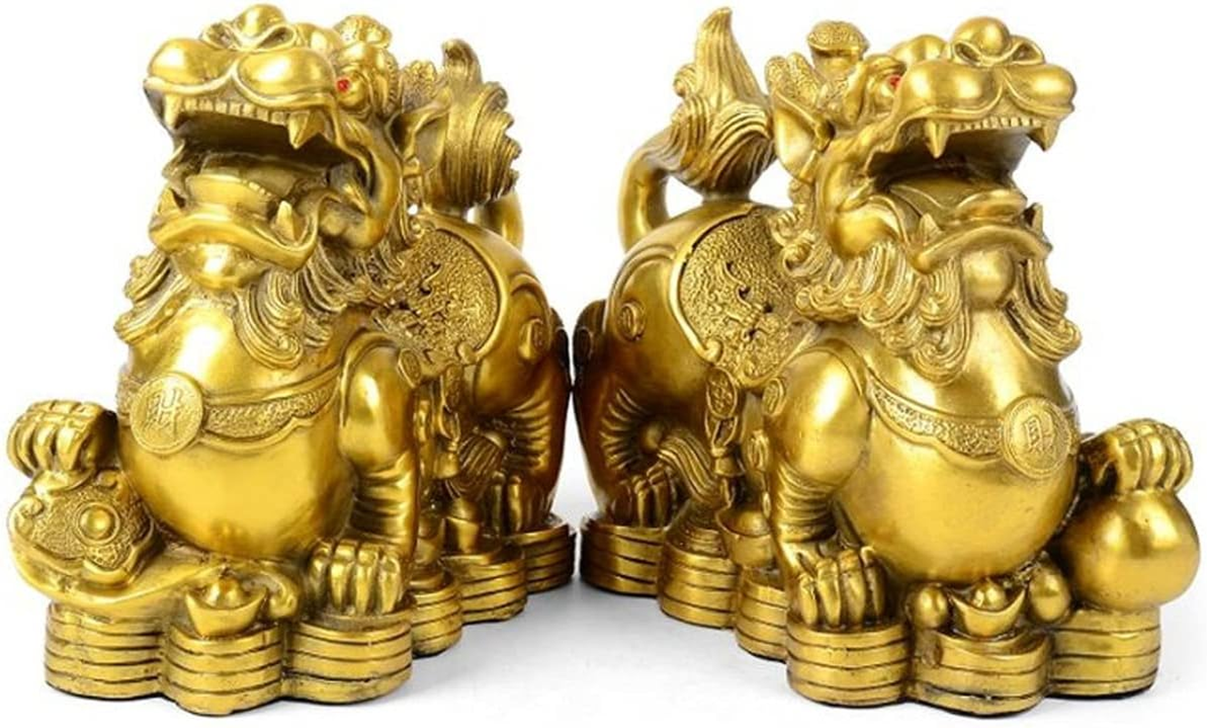 Feng Shui Pixiu/Pi Yao Brass Statue Home Decor a Pair Figurine Attract Money and Good Luck Wealth Decoration Sculpture Golden(3.2" L X 1.6" W X 2.8" H) image number 4