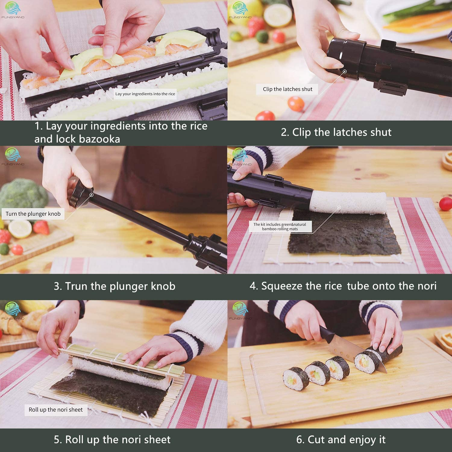 FUNGYAND Sushi Making Kit, All in One Sushi Bazooka Maker with Bamboo Mats, Bamboo Chopsticks, Avocado Slicer, Paddle, Spreader, Sushi Knife, Chopsticks Holder, Cotton Bag, DIY Sushi Roller Machine image number 2