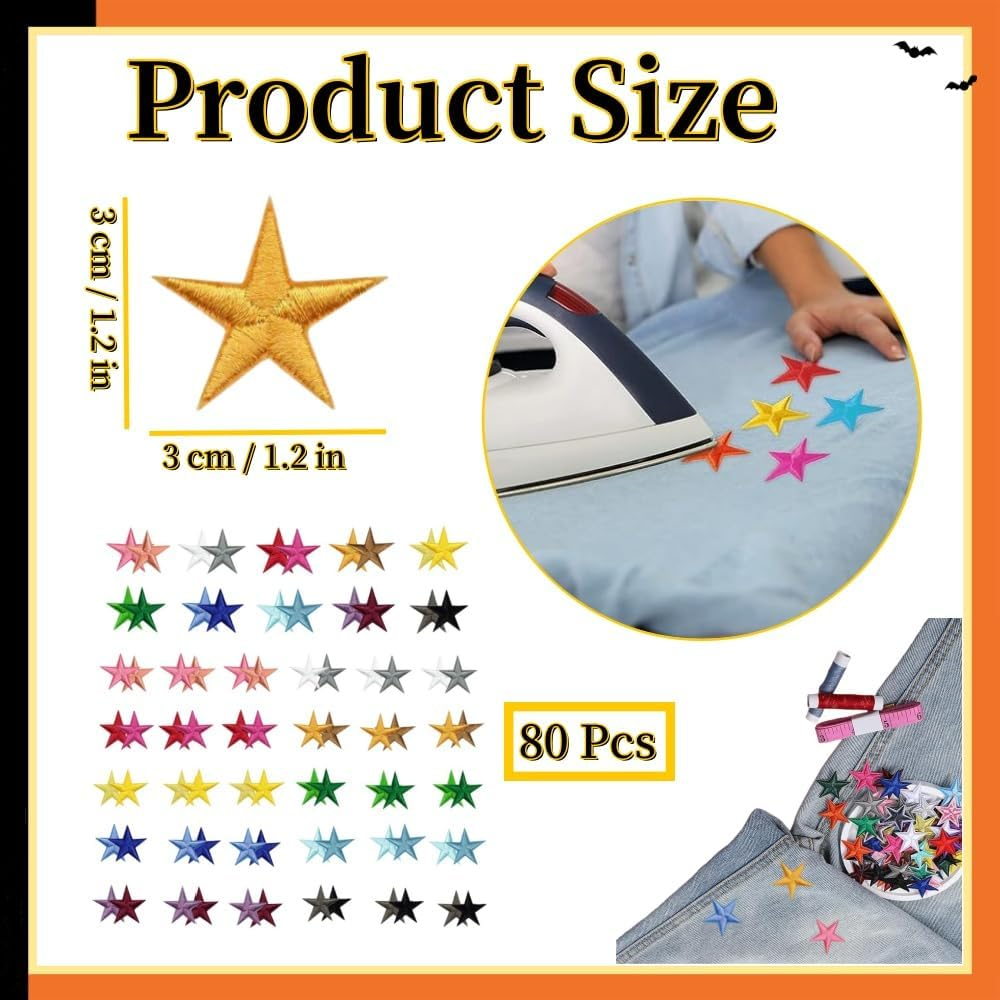 80Pcs Star Iron on Patches,Iron on Stars,Sew Embroidered Patches Appliques Embellishments Small,For DIY Jeans Jackets,Clothing,Bag,Iron on Patches for Hats DIY Craft Jacket Clothing Decoration image number 4
