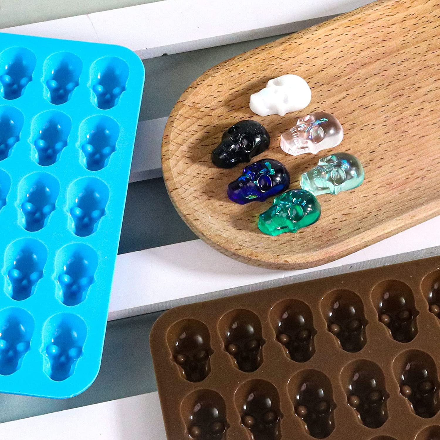 Gummy Skull Candy Molds,3-Pack 40 Cavity Silicone Skull Chocolate Molds with 2 Droppers for Halloween Gummy,Candy,Jelly,Chocolate,Ice Cube image number 1