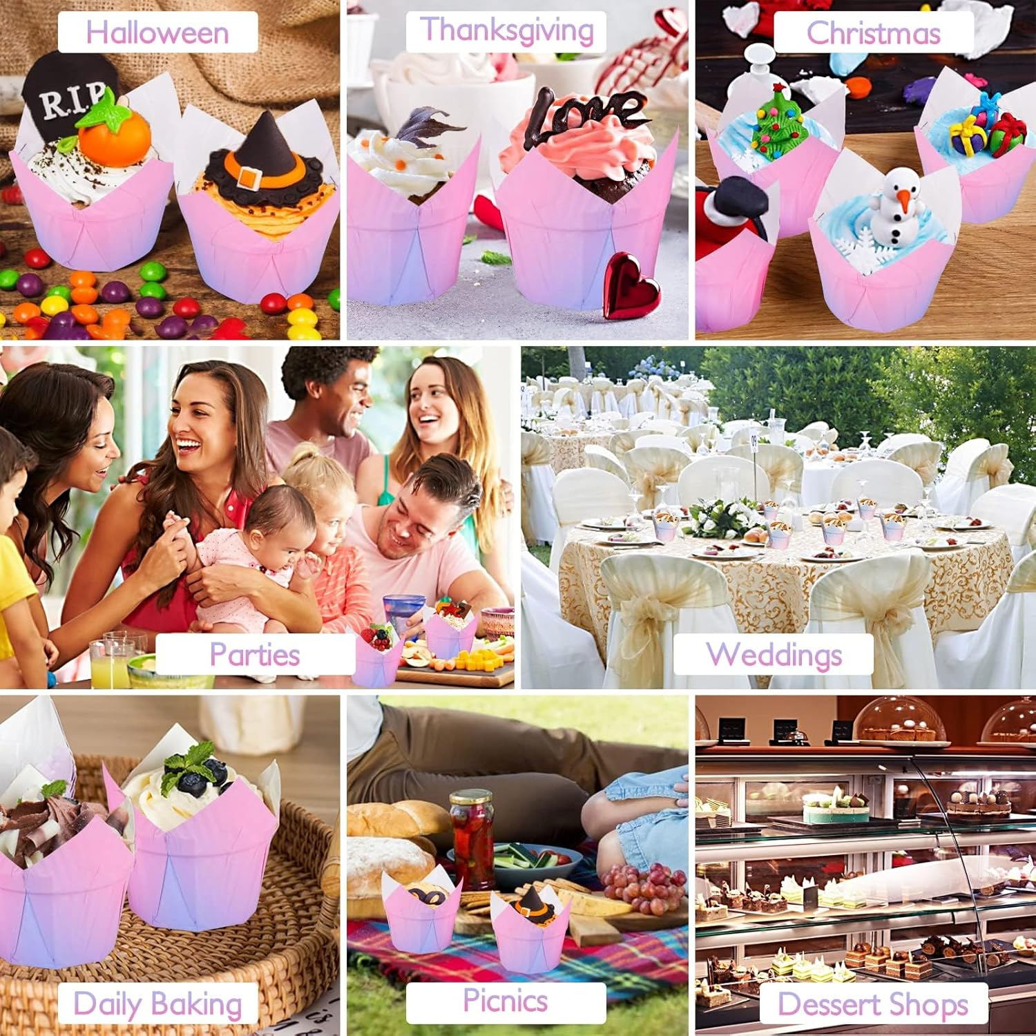 100-Piece Tulip Cupcake Liners | Greaseproof Muffin Cups for Baking Cakes, Weddings, Birthdays, Parties image number 4