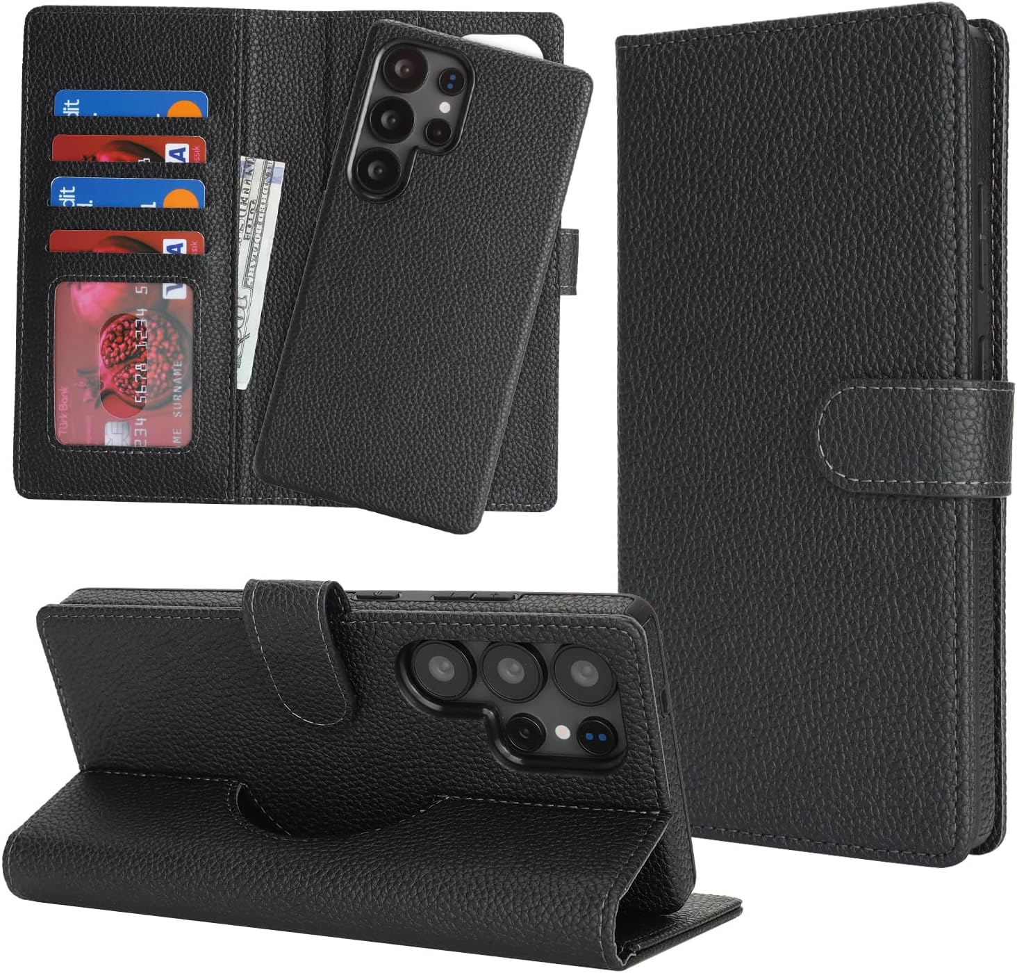 Cavor for Samsung Galaxy S25 Ultra Wallet Case Litchi Leather Case 2 in 1 Magnetic Detachable Support Magsafe Charging with Kickstand and Card Holder Flip Folio Protective Cover -Litchi Black