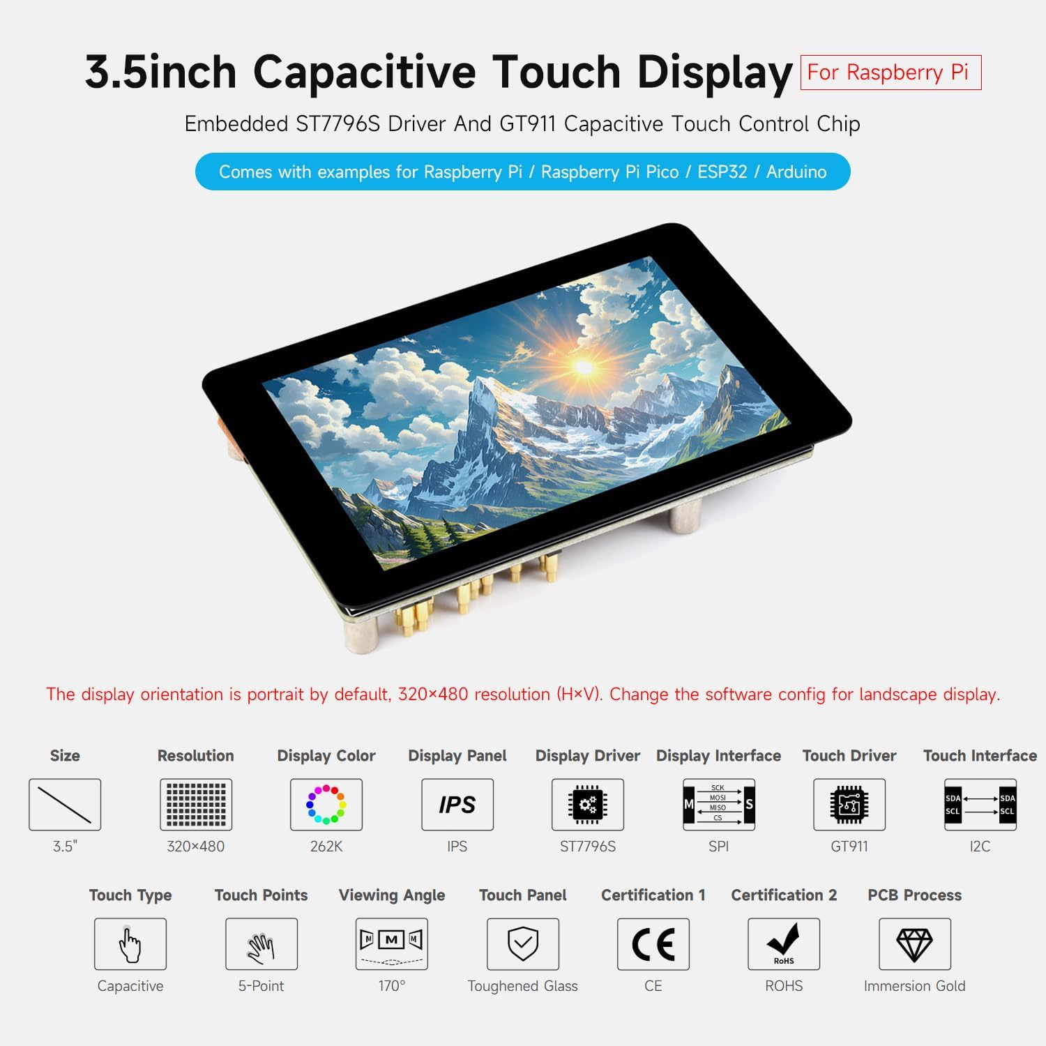 Waveshare 3.5Inch Capacitive Touch Display, Compatible with Raspberry Pi 5/4B/3B, Pi Pico, IPS Panel, 320&times;480, 5-Point Touch, Immersion Gold Process, Toughened Glass Panel image number 3
