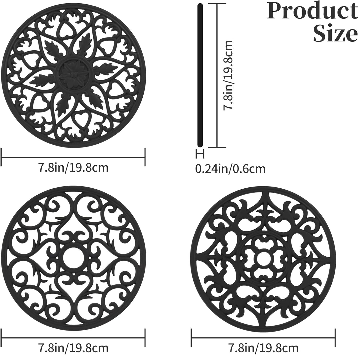 Trivets for Hot Dishes, Silicone Trivets Hot Pads for Pots and Pans, Carved Trivet for Kitchen, Multi Purpose Heat Resistant Mat, round Silicone Plate Mats Set 3 Black image number 6