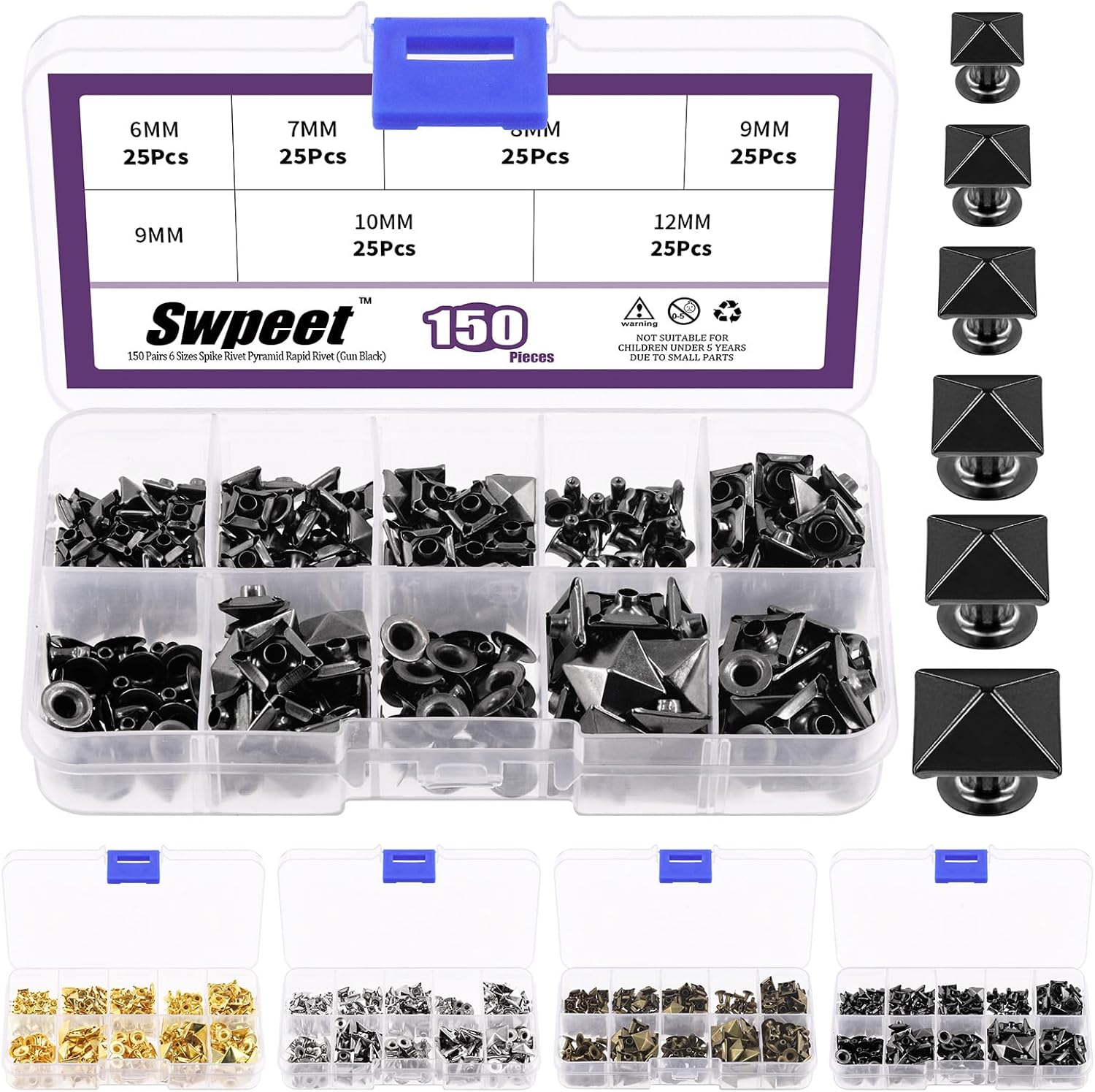 Swpeet 150Pcs 6 Sizes 6Mm/7Mm/8Mm/9Mm/10Mm/12Mm Silver Spike Rivet Pyramid Rapid Rivet Studs Kit, Square Rivets Metal Pyramid Fits for Bag Leather Clothing Shoes Rivet Handicraft DIY Punk