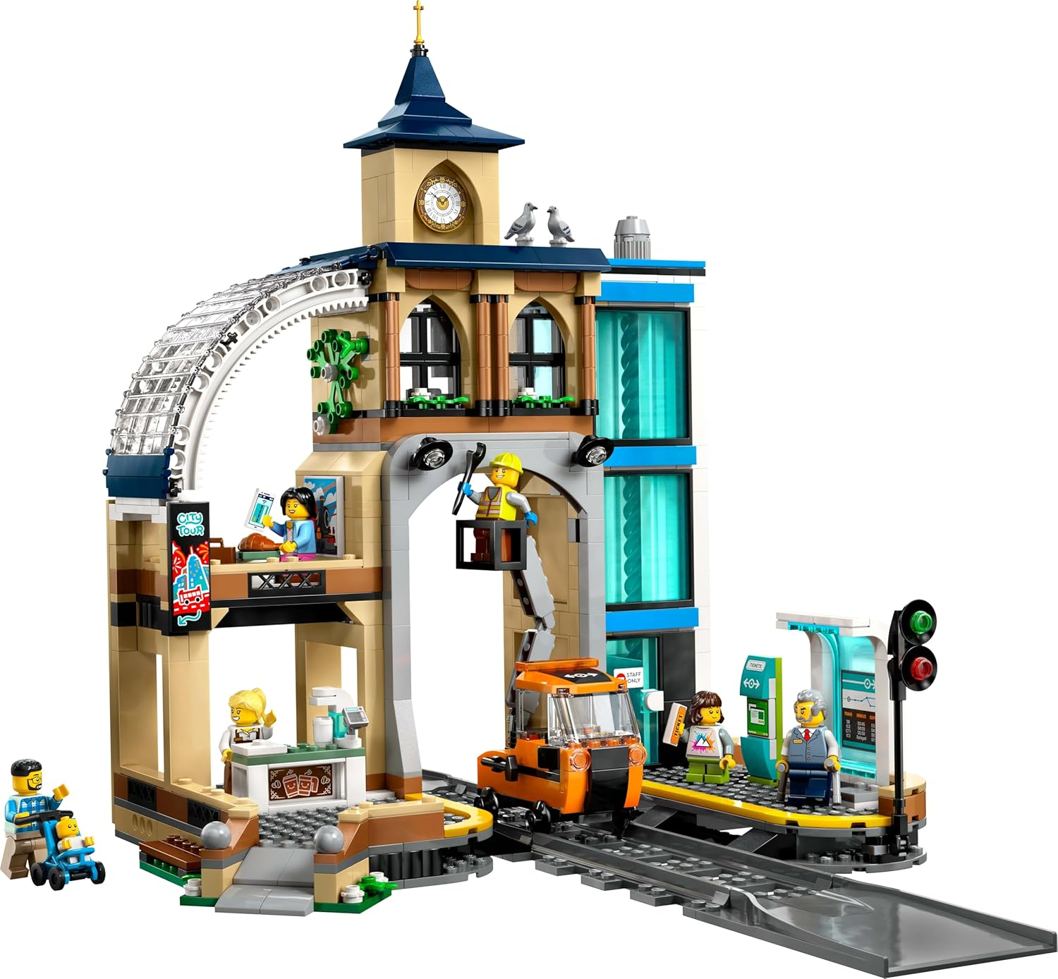 LEGO&reg; City Central Train Station 60469 for Fans of Construction Toys,Model Rail Vehicles and Imaginative Play,Includes a Railcar with a Cherry Picker, 6 Minifigures,Baby Figure and 2 Pigeon Figures image number 4