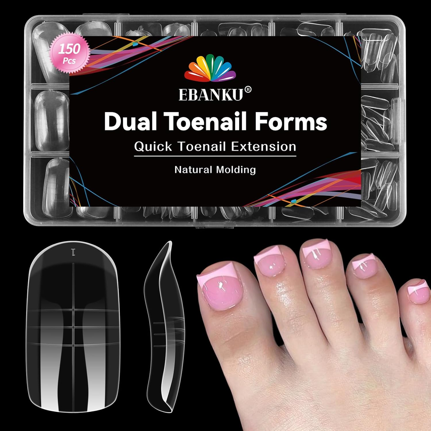 EBANKU 600 Pcs Double Toe Nail Extension Molds Reusable Full Cover Acrylic Nails with French Tip and Pedicure for Salon and DIY at Home, 15 Sizes