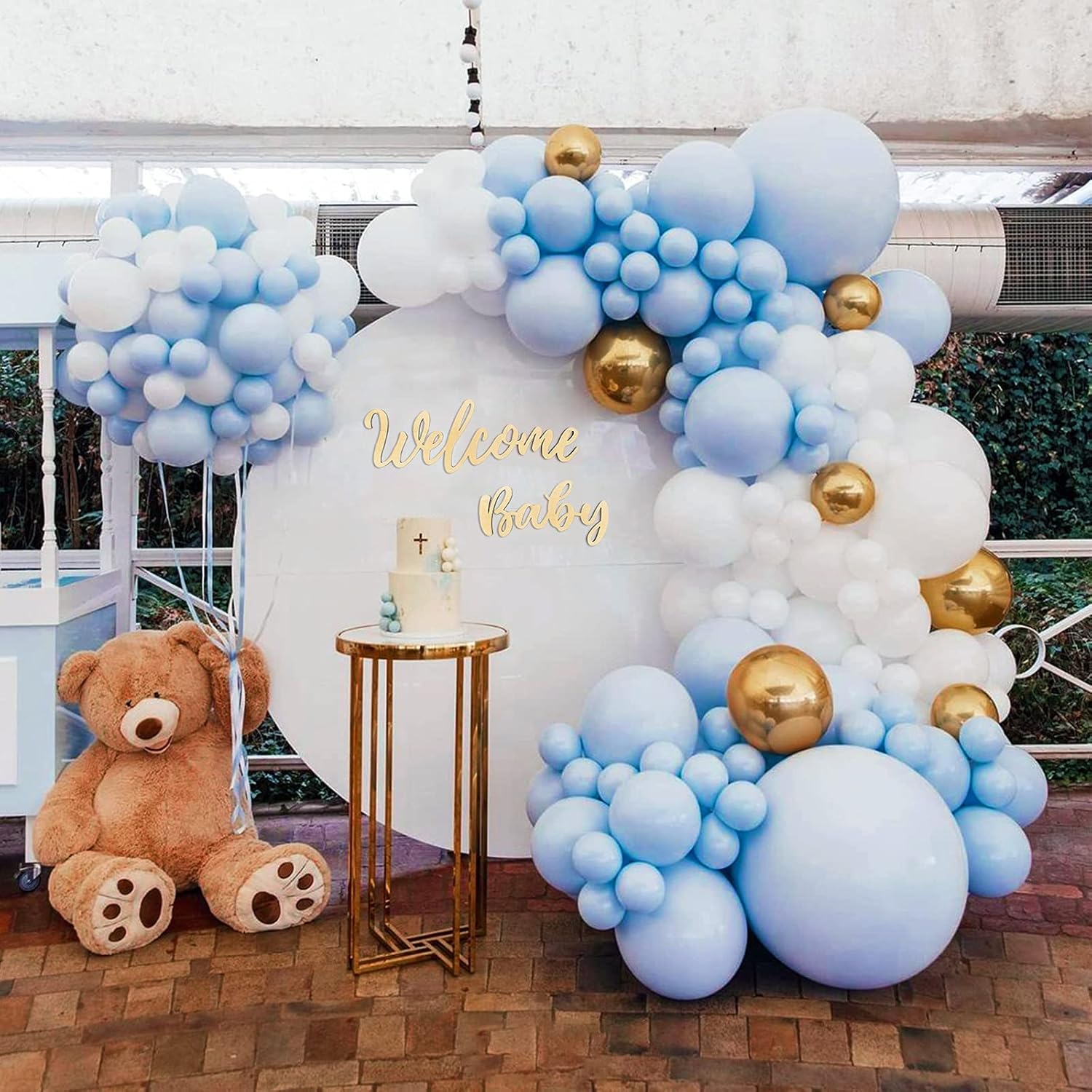 138 Pcs Blue White Balloons Garland Kit, Light Blue Balloon Arch with Gold Foil Balloons for Baby Shower Bridal Shower Boy Girls Birthday Wedding Party Teddy Bear Party Decorations image number 5