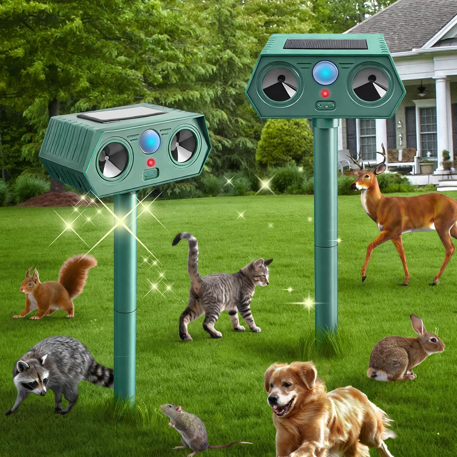 2 Pack 2025 Ultrasonic Animal Repellent, Outdoor Solar Powered Cat Repellent Devices Bird Possum Snake Repellents Motion Activated Deterrent Deer Squirrel Rabbit Raccoon Skunk for Yard Lawn image number 2