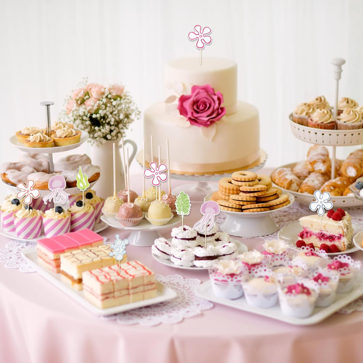 24Pcs Jellyfish Bubbles Flowers Cupcake Toppers, under the Sea Theme Cake Decorations Starfish Bubble Jellyfish Seaweed Perfect Cupcake Toppers for Birthday Party Wedding image number 1