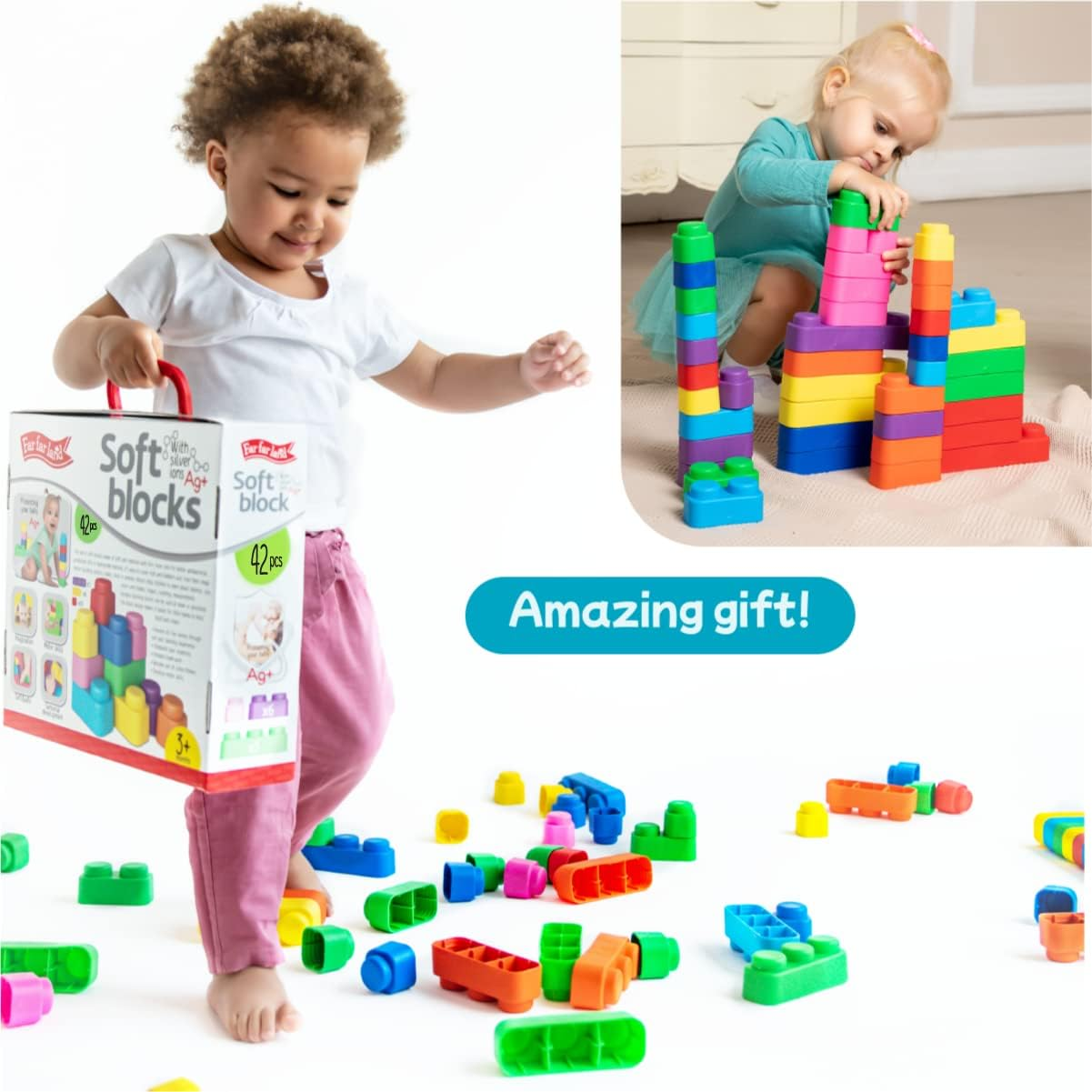 Baby Blocks - Colourful Soft Building Blocks for Babies and Toddlers (42 Pcs) - Educational Squeeze Play Montessori Toys - Baby Stacking Blocks Set - Food-Grade Material Sensory Blocks image number 2