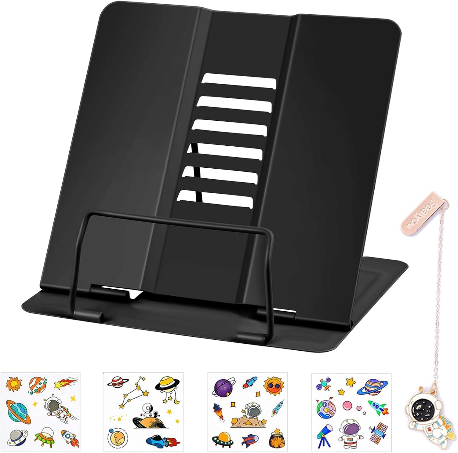 Cyanmor Desktop Reading Stand, 6-Level Adjustable Folding Reading Shelf, Portable Shelf with Non-Slip Pad, Cartoon Sticker Bookmark, Suitable for Textbooks, Cookbooks, and Tablets (Black)