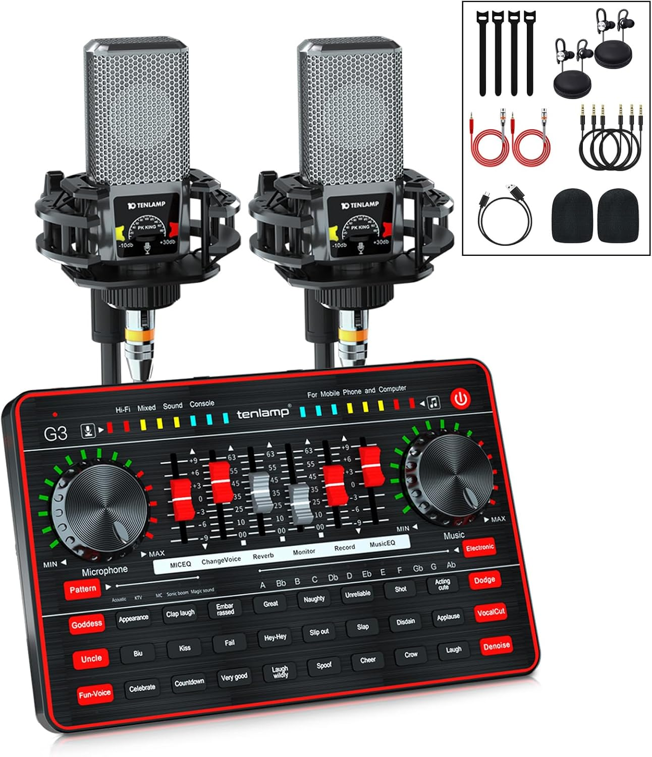 Audio Mixer with Sound Card, Tenlamp Two 3.5Mm Studio Condenser Microphone and G3 Audio Interface, Sound Board Voice Changer, Podcast Equipment Bundle for PC Recording Gaming Live Streaming Podcast image number 5