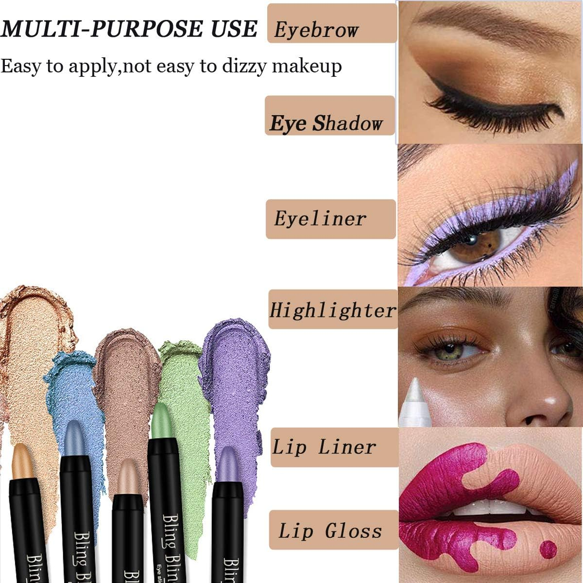 Wimode 5PCS Eyeshadow Stick Bright Light Shimmer,Nautral Cream Eyeshadow Pencil Highly Pigmented Eye Shadow,Waterproof & Long Lasting Glitter Eyeshadow image number 3