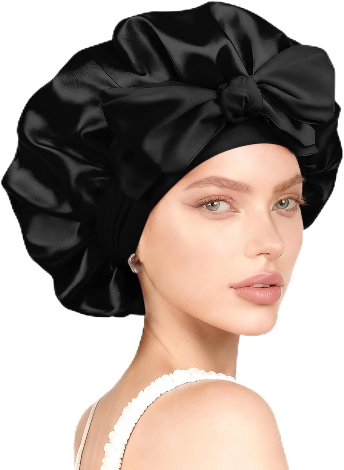 AIAOO Silk Bonnet for Sleeping Satin Hair Bonnet with Bow Ribbon Elastic Wide Band, Large Size for Curly Natural Hair, Night Sleep Cap for Women, Soft Breathable, Wig Protection