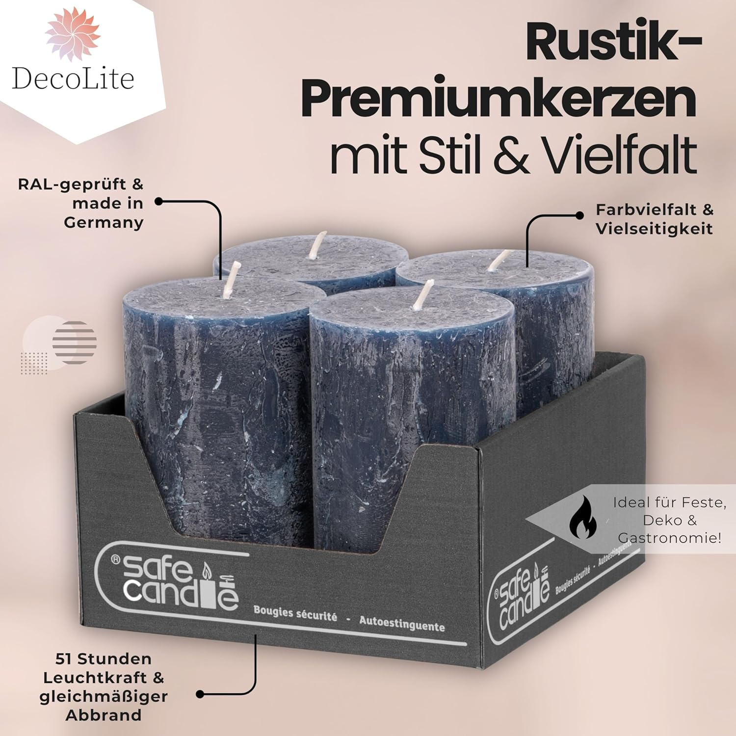 Decolite Pillar Candles Rustic Set of 4 110 X 70 Mm | Self-Extinguishing Safe Candle | Coloured RAL Certified | Burning Time Approx. 51 Hours | Made in Germany | Rustic Decorative Candles by Decolite - Charcoal image number 3