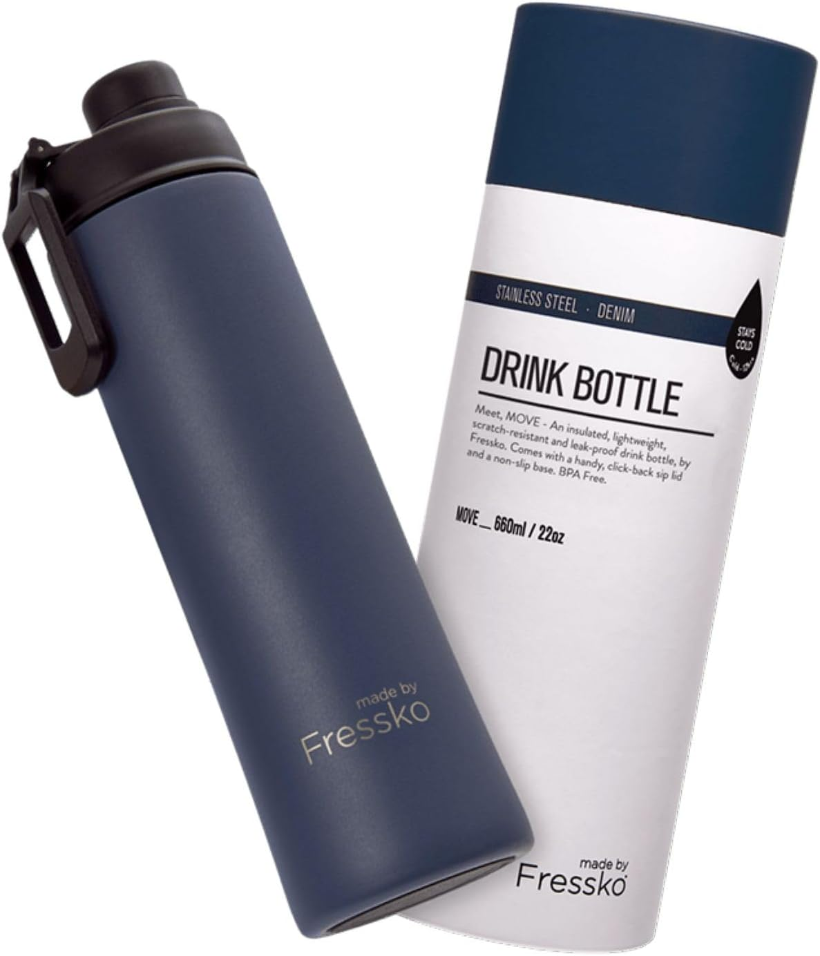 Made by Fressko | Move Wide Mouth Insulated Stainless Steel Water Bottle-Denim | with Sip Lid | 22 Oz 660Ml |Bpa-Free | Leak Proof Lid