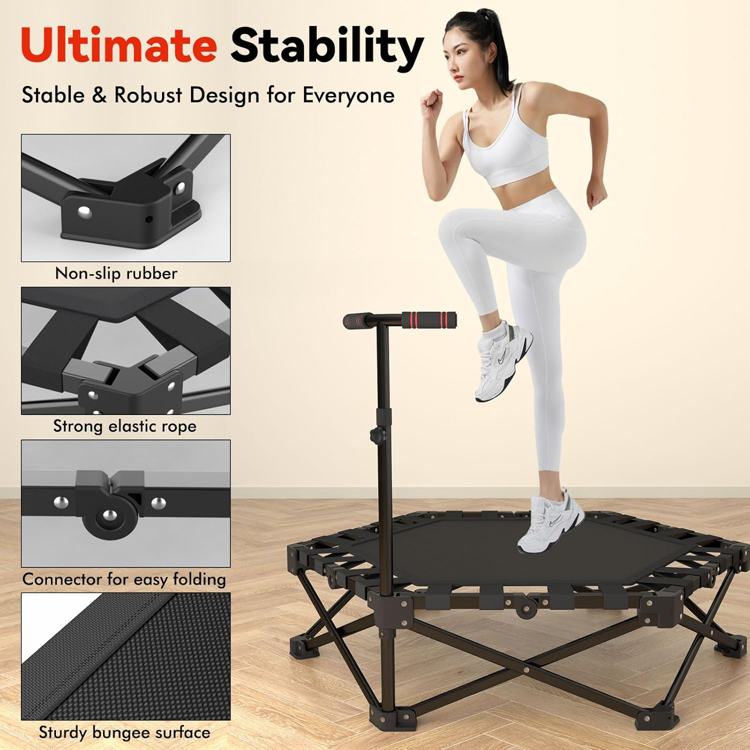 42" Folding Trampoline for Adults Hexagon Workout Trampoline with Steel Frame, Stable Triangular Base, Rebounder for Adults with Bar Mini Trampolines Indoor Adult Supports up to 330LB image number 4