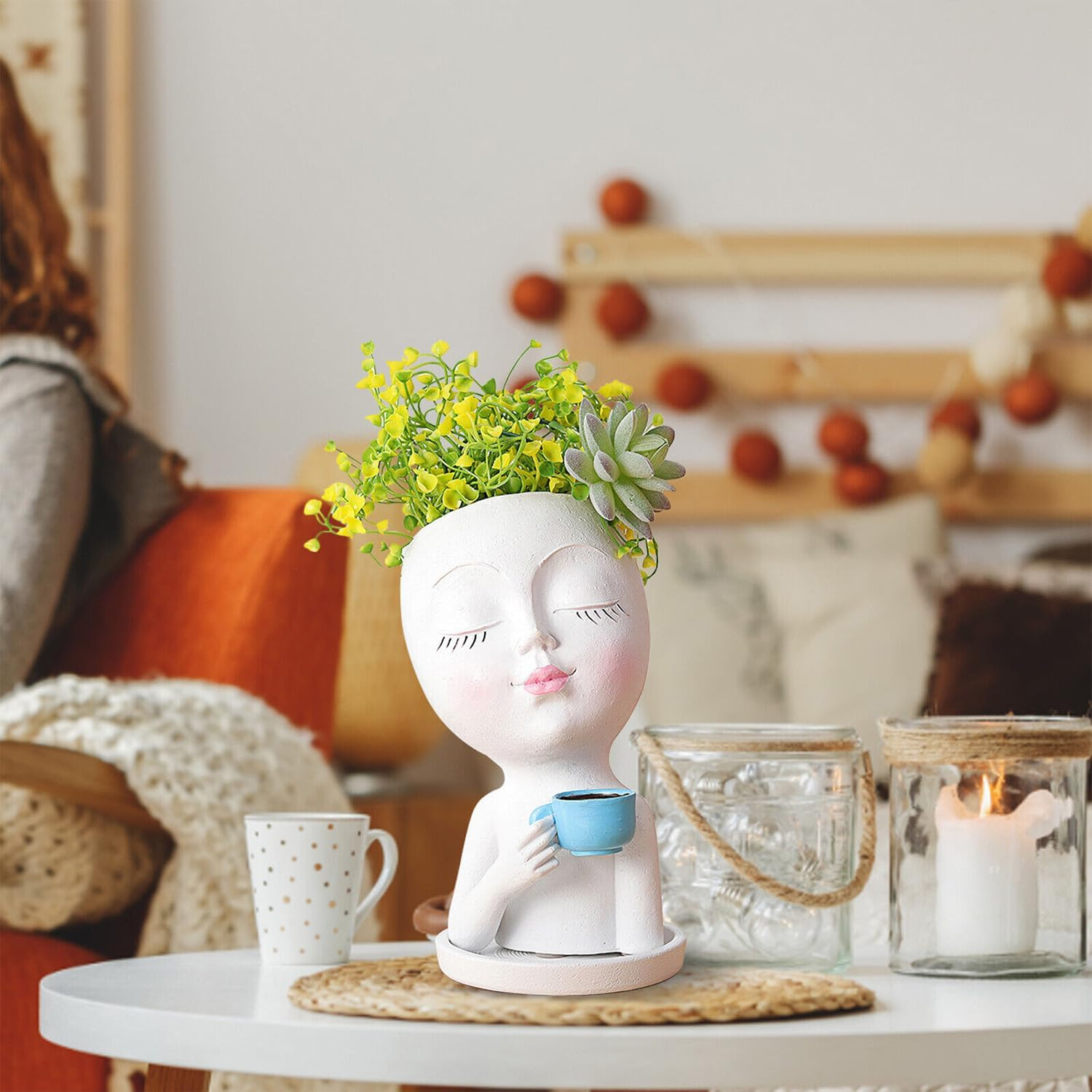 Face Flower Pot Head Planter, Cute Resin Face Planters for Indoor Outdoor Plants, Funny Succulent Planters Plant Pot Face Vase with Drainage Hole and Tray for Home Garden Cactus image number 5