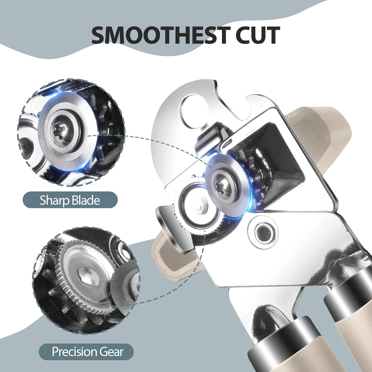 Safring Can Opener Manual, Heavy Duty Handheld Strong Can Opener with Soft Touch Handle, Sharp Blade Smooth Edge, Can Openers with Multifunctional Bottle Opener, Beige