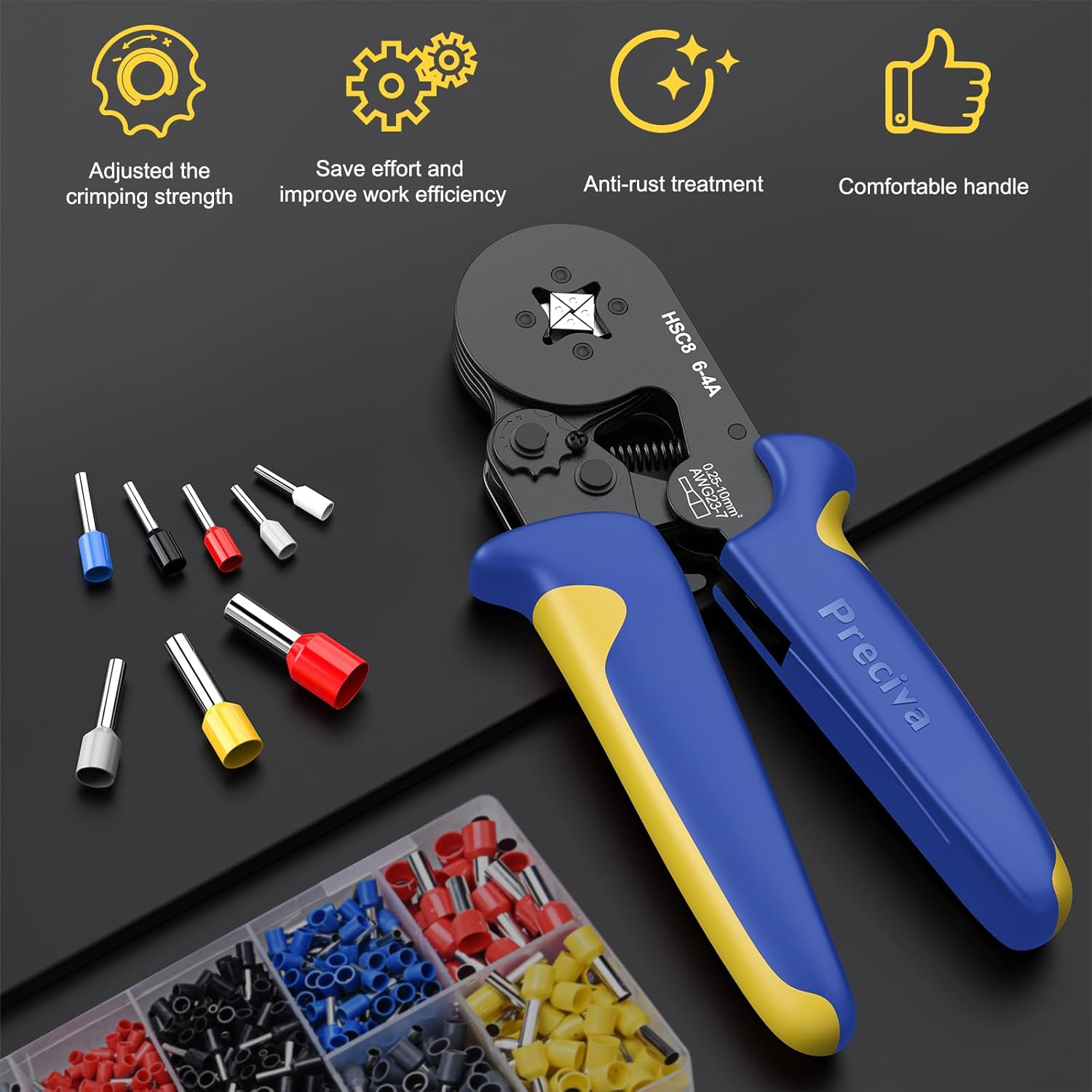 Preciva Ferrule Crimping Tool Kit with 2000PCS Wire Connectors, AWG23-7 Self-Adjustable Ratchet Wire Crimping Tool Kit Crimper Plier Set (Blue) image number 4
